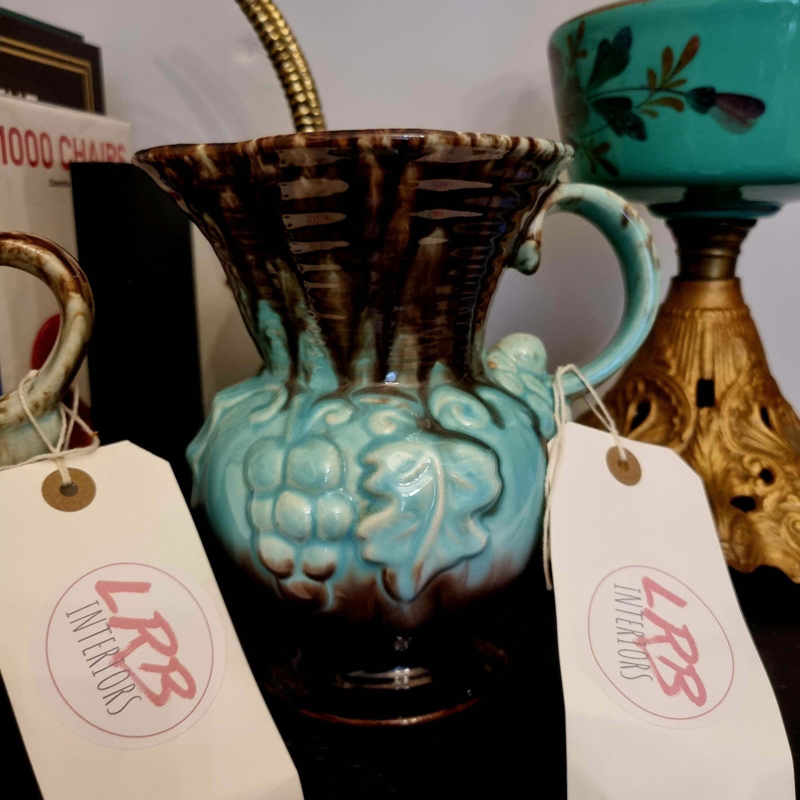 Ceramic Vase Glazed Grape Abstract Painted Set Of 2 Drinking Jugs Kitchen Pottery Flower Display Pitchers Brown Blue Home Decor German photo vinterior
