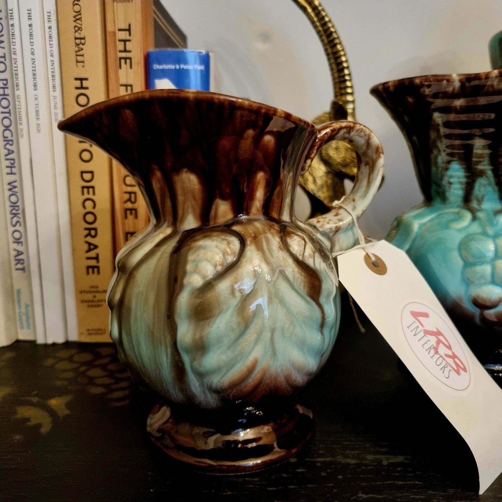 Ceramic Vase Glazed Grape Abstract Painted Set Of 2 Drinking Jugs Kitchen Pottery Flower Display Pitchers Brown Blue Home Decor German photo buy