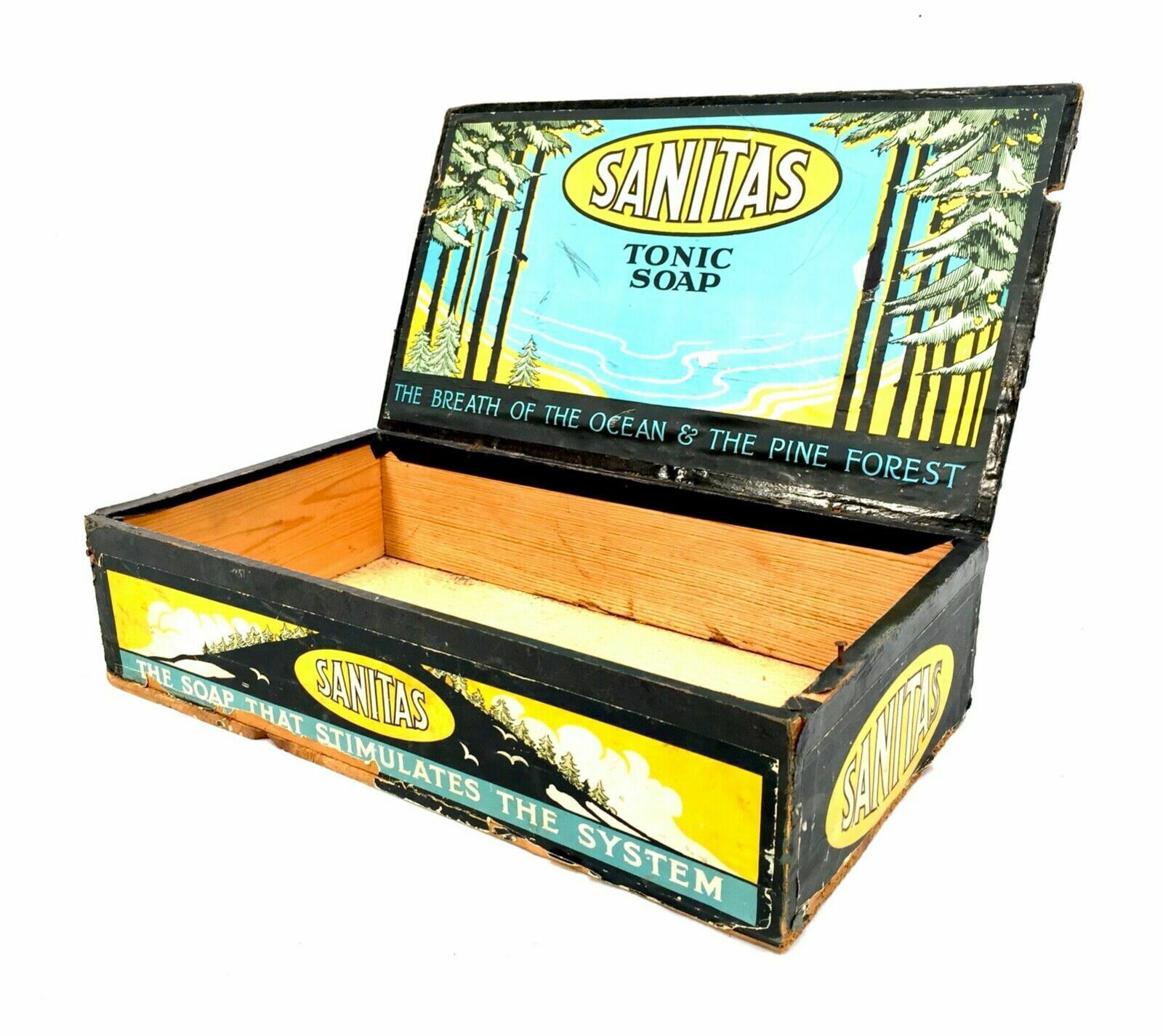 Antique Advertising   Sanitas Soap Wooden Pine Shop Counter Display Box Crate