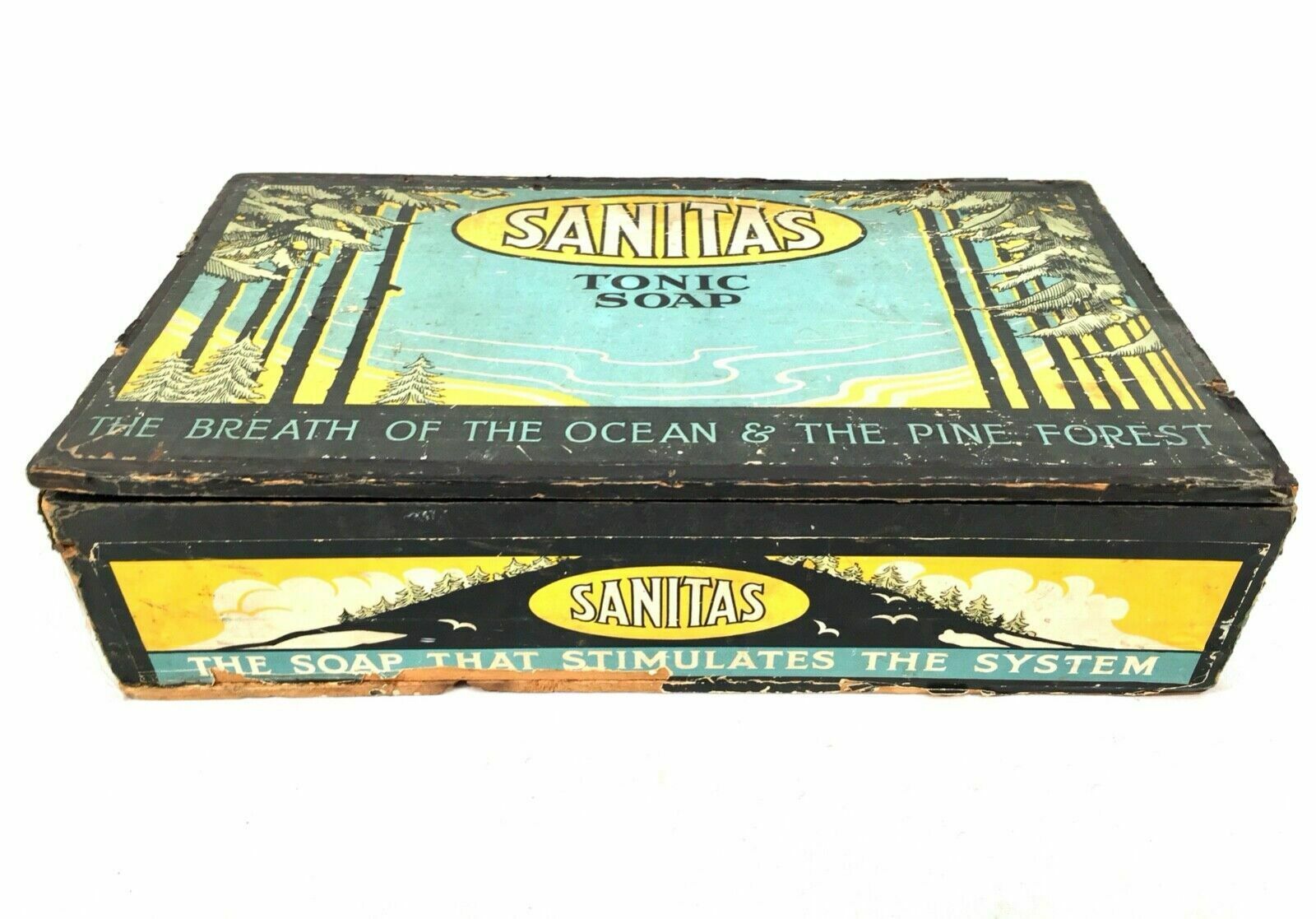 Antique Advertising   Sanitas Soap Wooden Pine Shop Counter Display Box Crate photo for sale