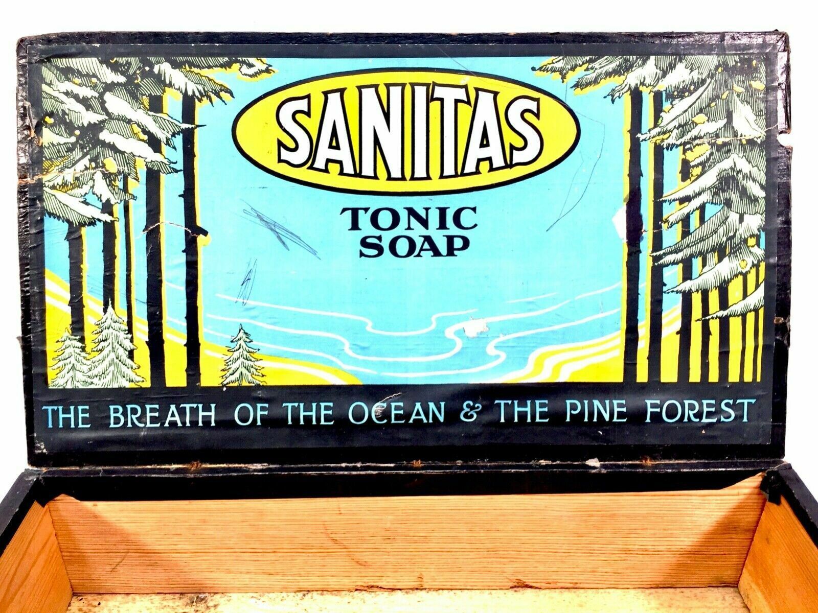 Antique Advertising   Sanitas Soap Wooden Pine Shop Counter Display Box Crate photo vinterior