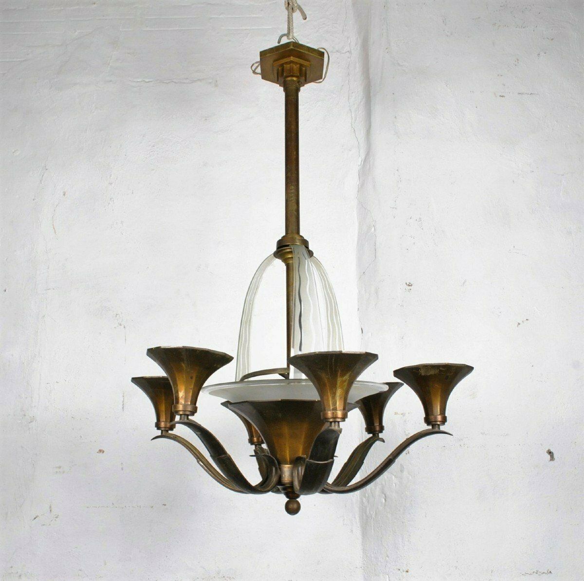 Bronze And Glass Chandelier, Art Deco, 20th Century