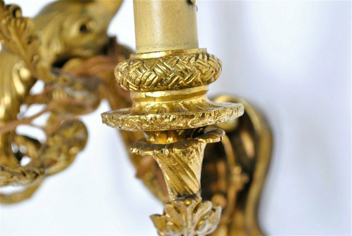 Pair Of Gilt Bronze Wall Lights With Winged Putti, Napoleon III, 19th Century photo for sale