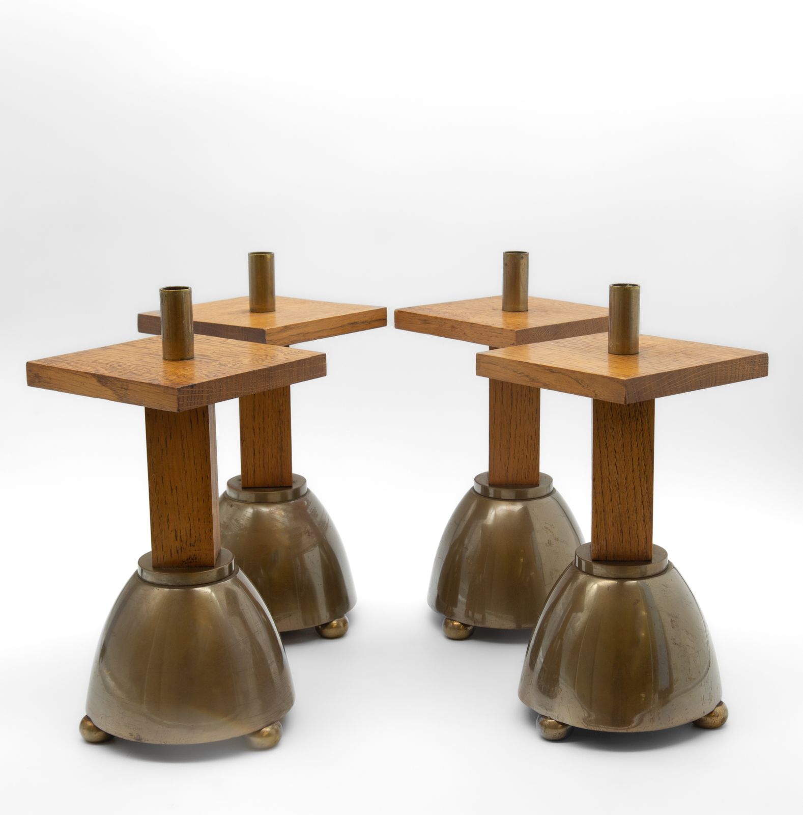 Set Of Four 1970’s Brutalist Oak & Brass Candle Stick Stands