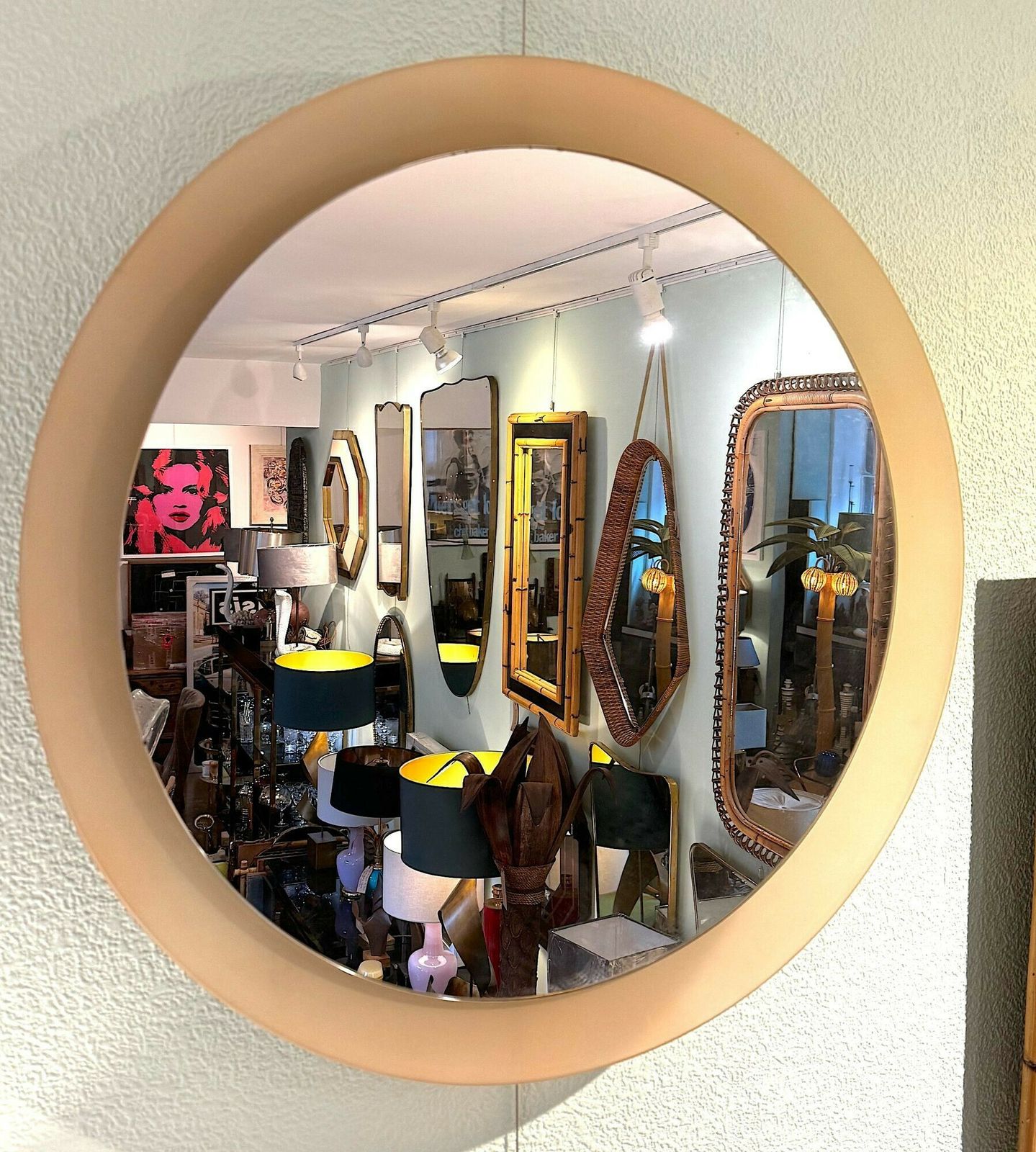 A Large Pink Concave Framed Circular Mirror In The Style Of Max Ingrand For Fontana Arte photo for sale