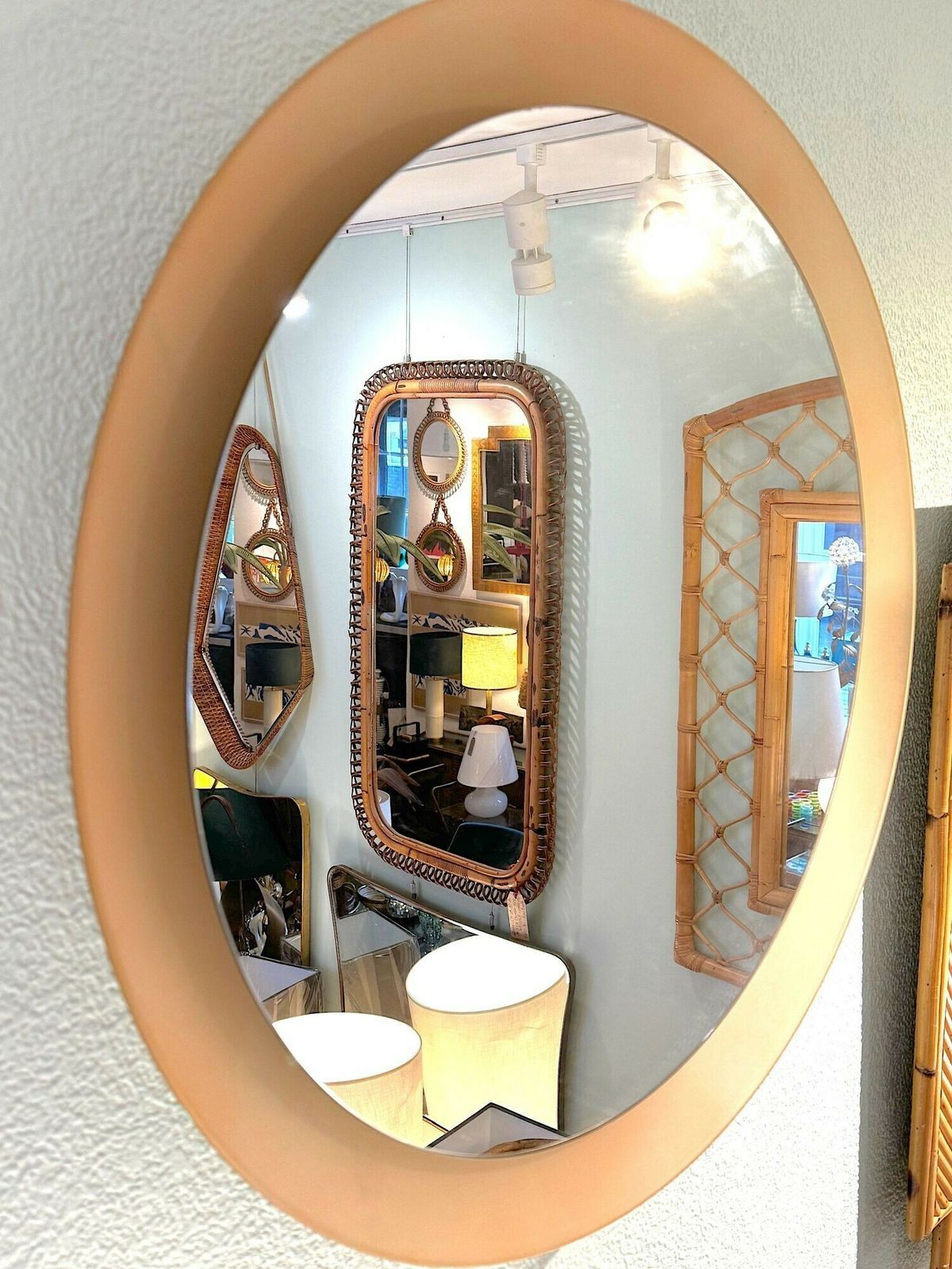 Home Decor A Large Pink Concave Framed Circular Mirror In The Style Of Max Ingrand For Fontana Arte photo