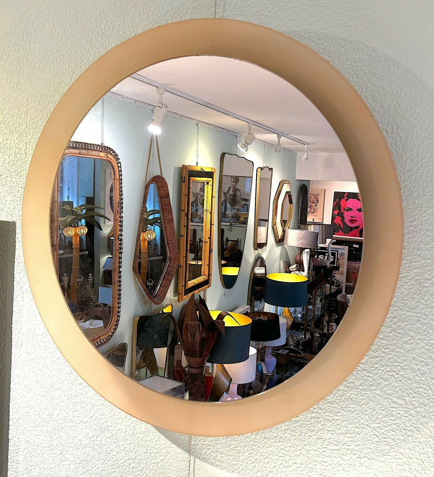 2250.0 A Large Pink Concave Framed Circular Mirror In The Style Of Max Ingrand For Fontana Arte photo