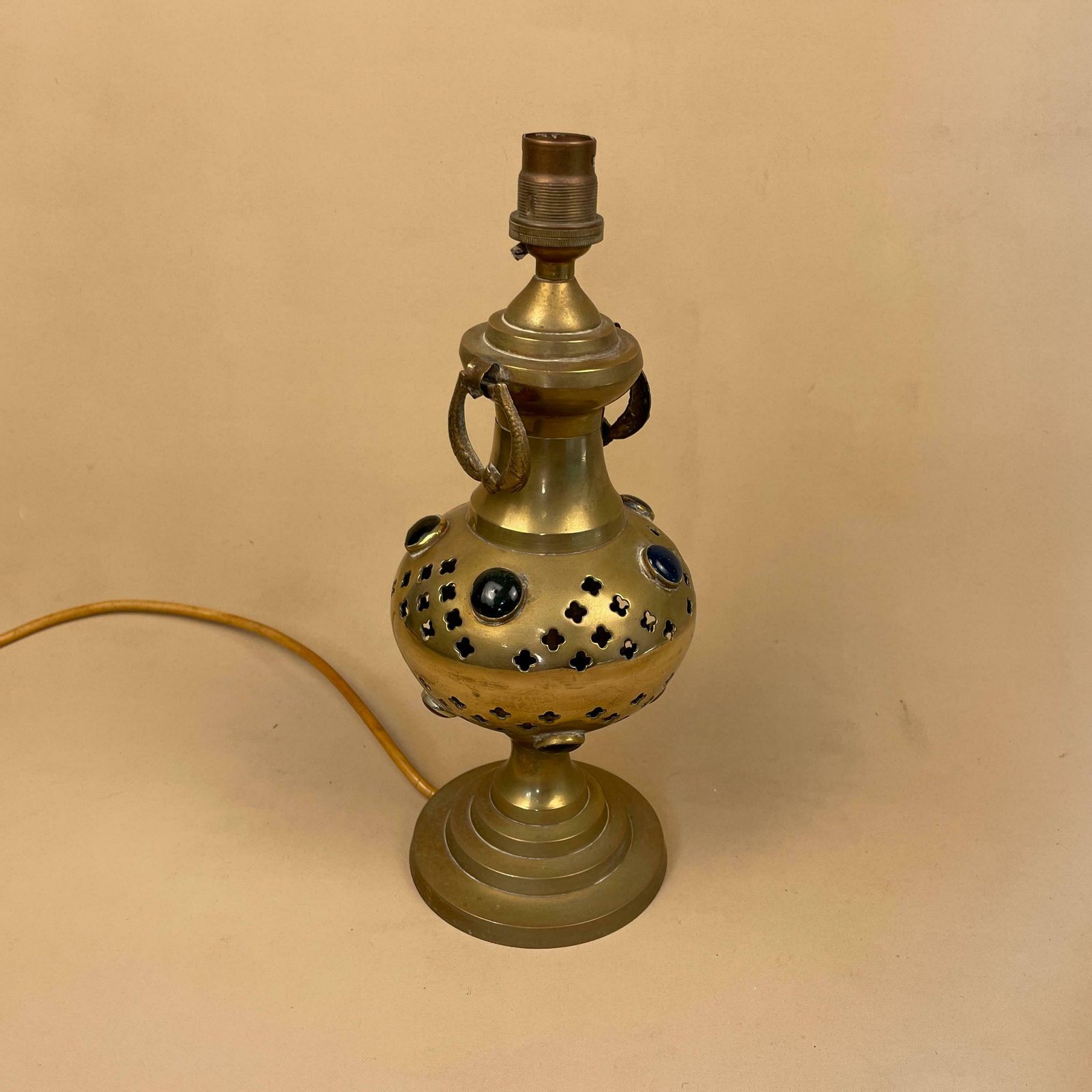 Aged Gold Brass Indian Lamp Embedded Jewels Gemstones Asian Vintage Rustic Round Antique photo for sale