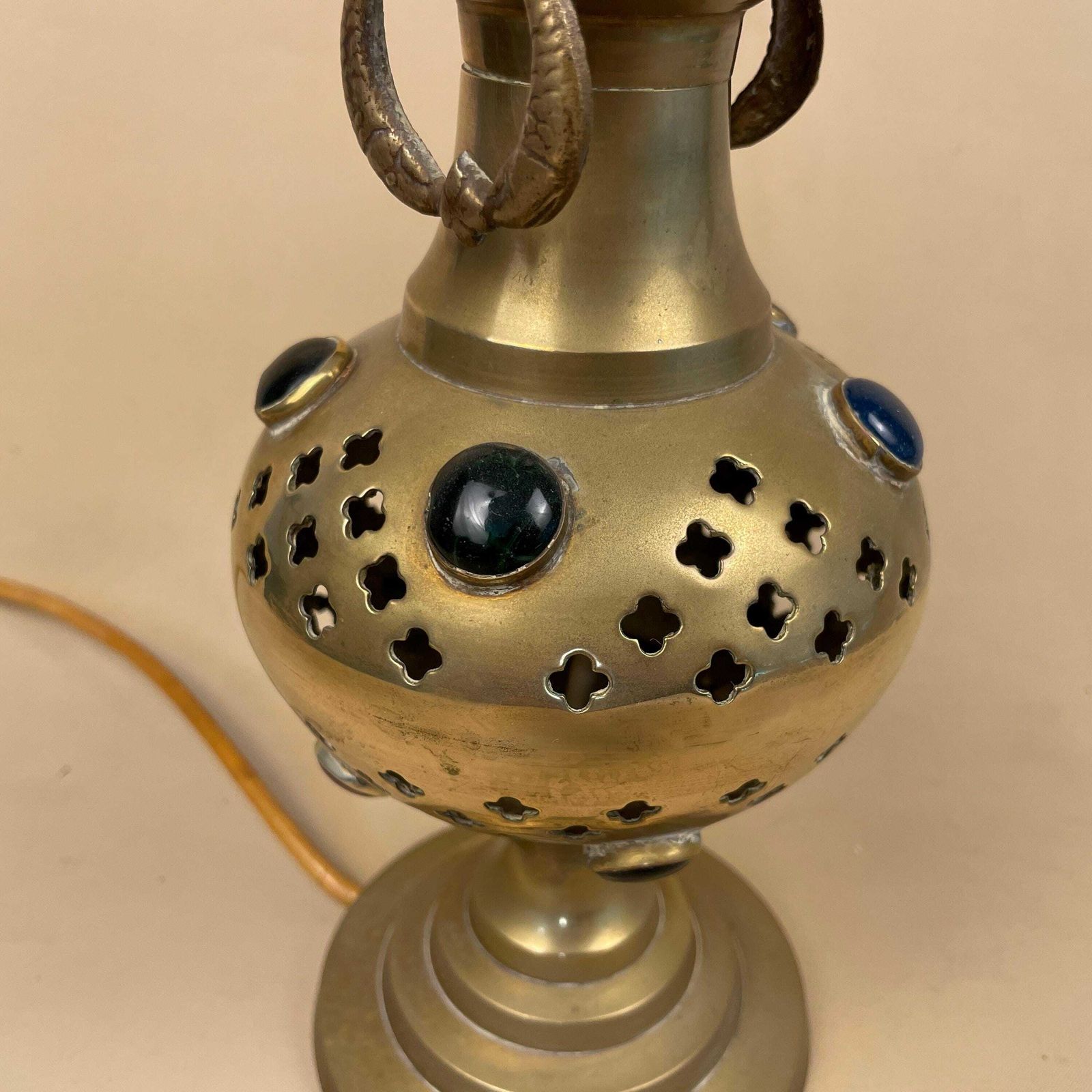 Aged Gold Brass Indian Lamp Embedded Jewels Gemstones Asian Vintage Rustic Round Antique photo 99.0