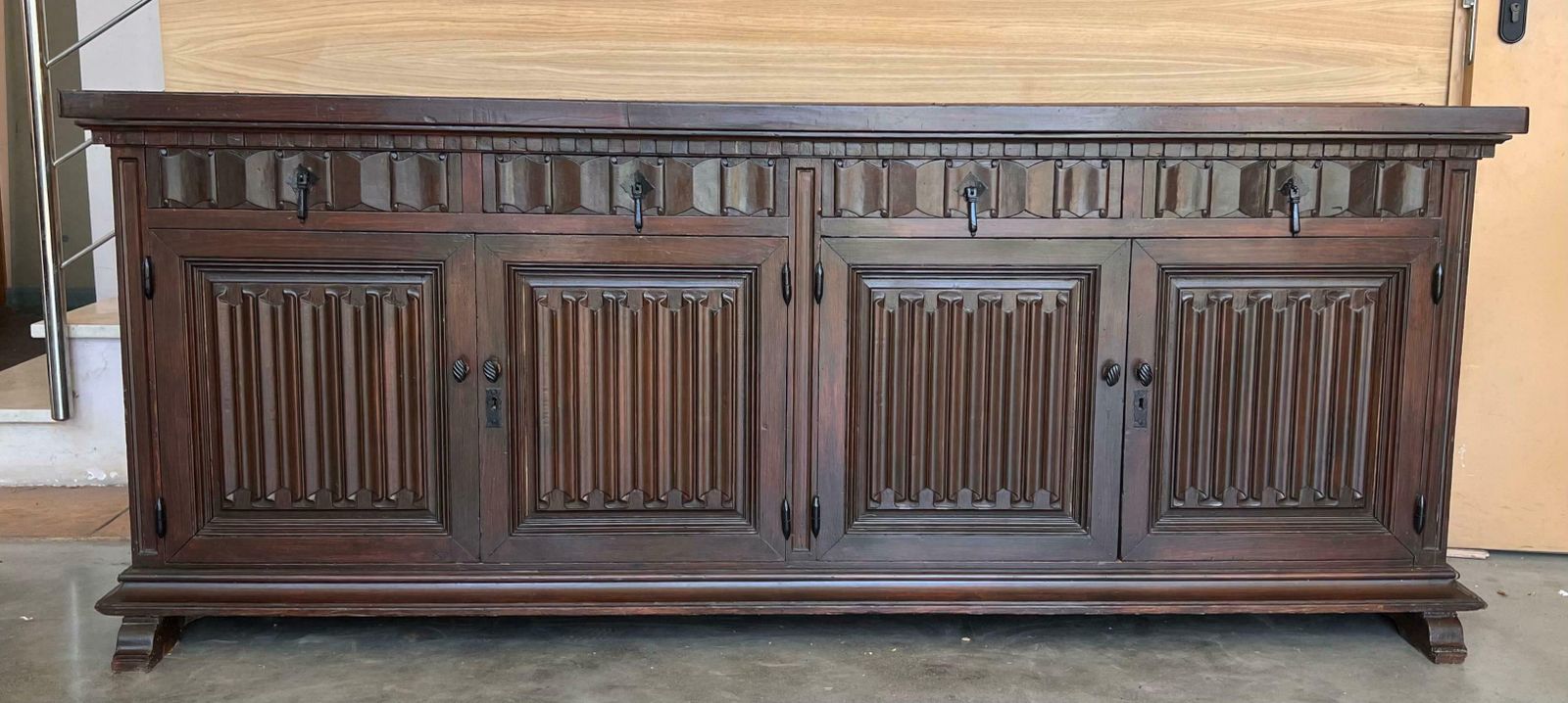 Large 20th Century Catalan Spanish Baroque Carved Walnut Tuscan Credenza Or Buff photo for sale