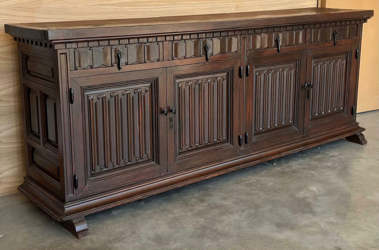 Large 20th Century Catalan Spanish Baroque Carved Walnut Tuscan Credenza Or Buff photo 6934.0