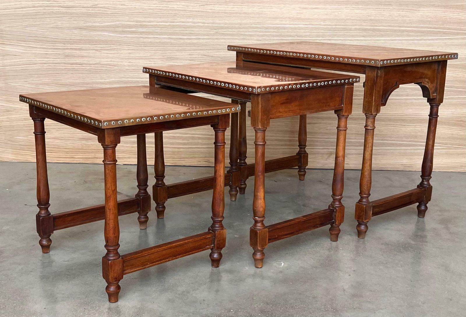 Set Of Three Spanish Walnut Nesting Tables With Copper Top photo buy