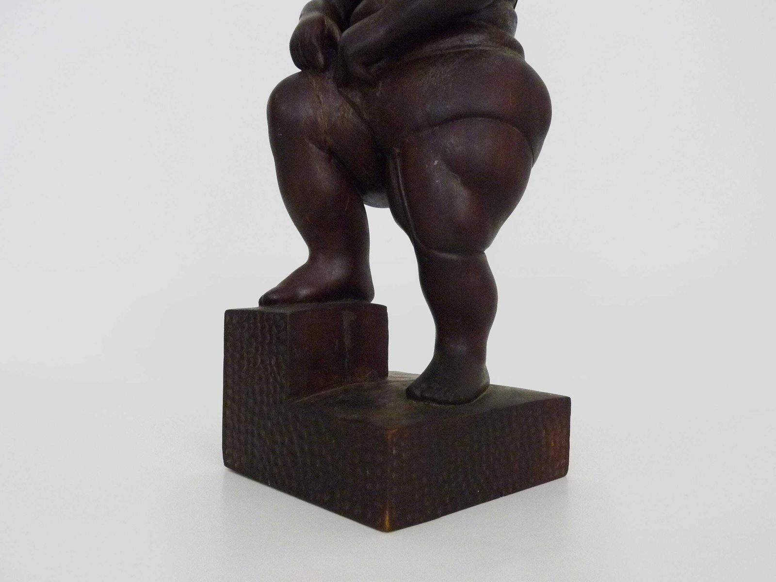 Grotesque Exotic Wood Sculpture Of A Woman Showing Her Thigh. 80s. Botero Style photo buy