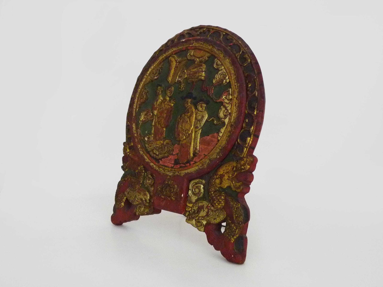 Chinese Psyche Mirror In Hand Carved Wood, Gilded And Lacquered In Red. Early To Mid 20th Century photo furniture