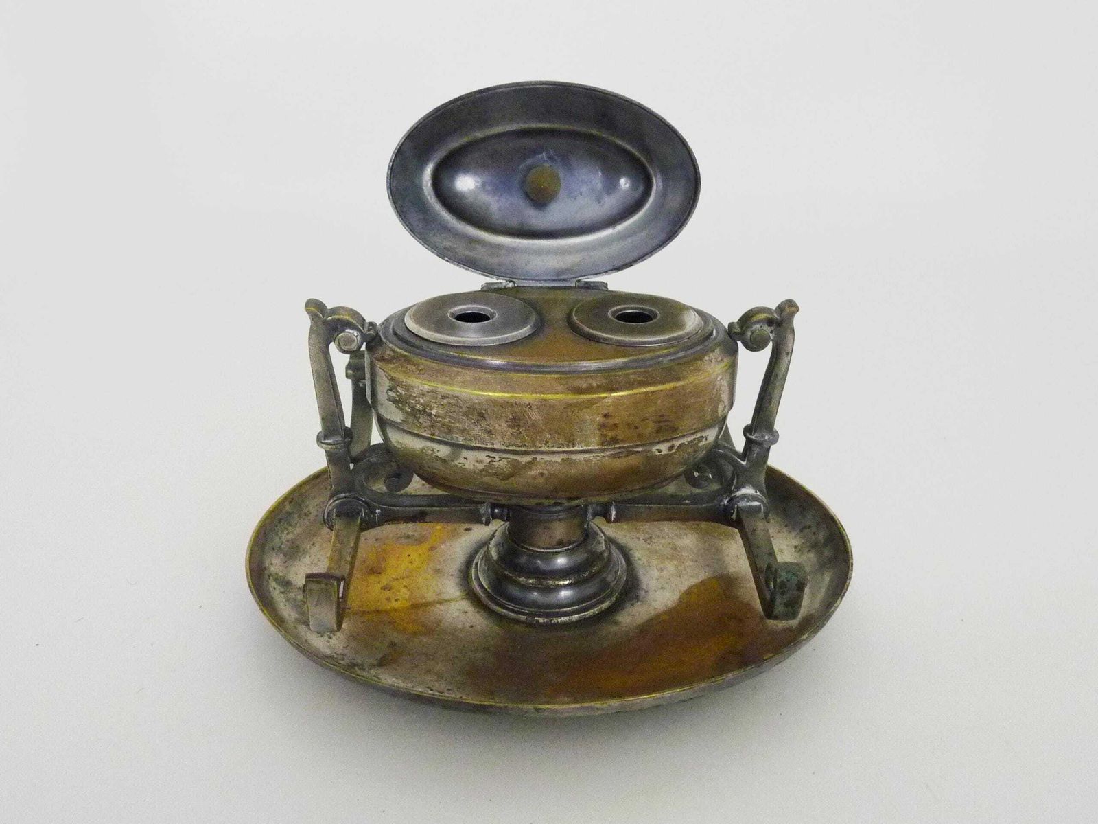 Inkwell On Rotating Tray 19th Century In Silver Metal photo furniture