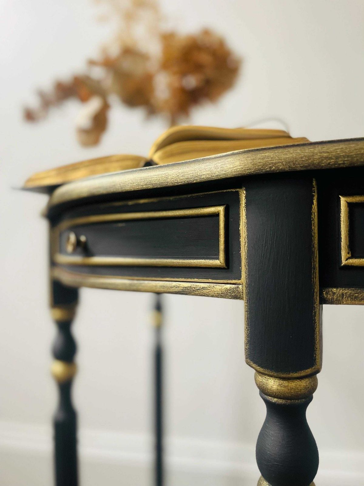 Vintage Half Moon Graphite Black Table Pained Annie Sloan Chalk Paint, Waxed And Finished With Gold Details. photo for sale