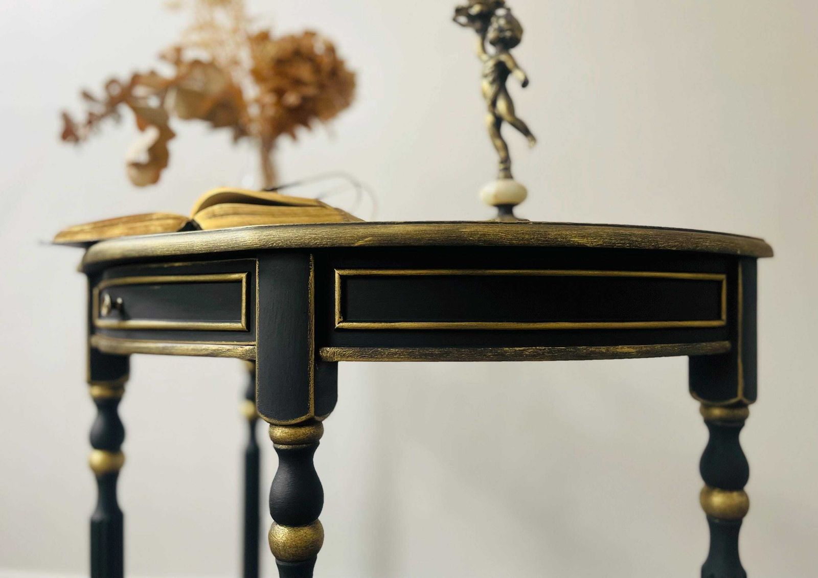 Vintage Half Moon Graphite Black Table Pained Annie Sloan Chalk Paint, Waxed And Finished With Gold Details. photo Furniture