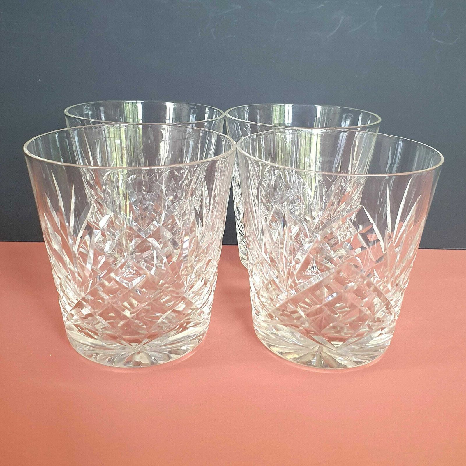 A Fine Set Of 4 Vintage Hand Cut Crystal Large Double Old Fashioned Glasses In Braemar Cut, C.200ml, 1980s photo for sale