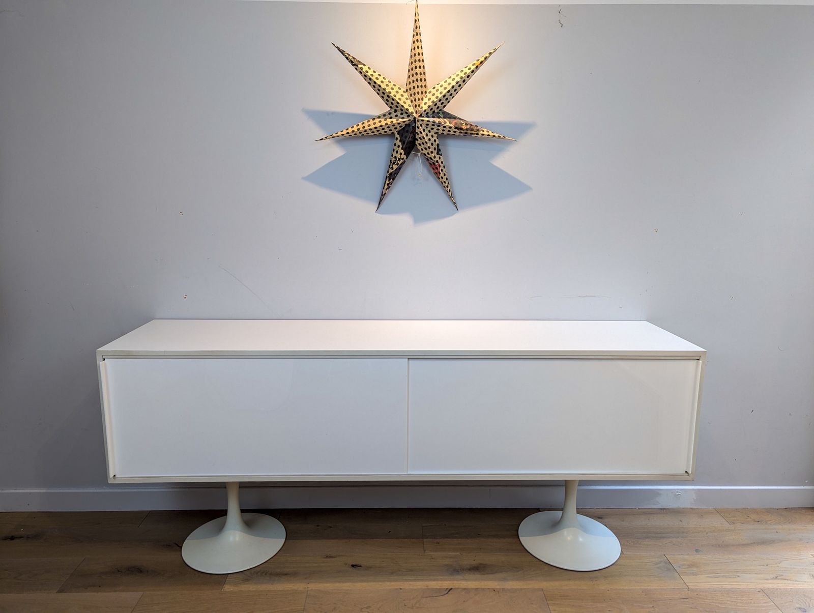 A Mid Centutry Space Age Sideboard With White Sliding Doors   Arkana Era