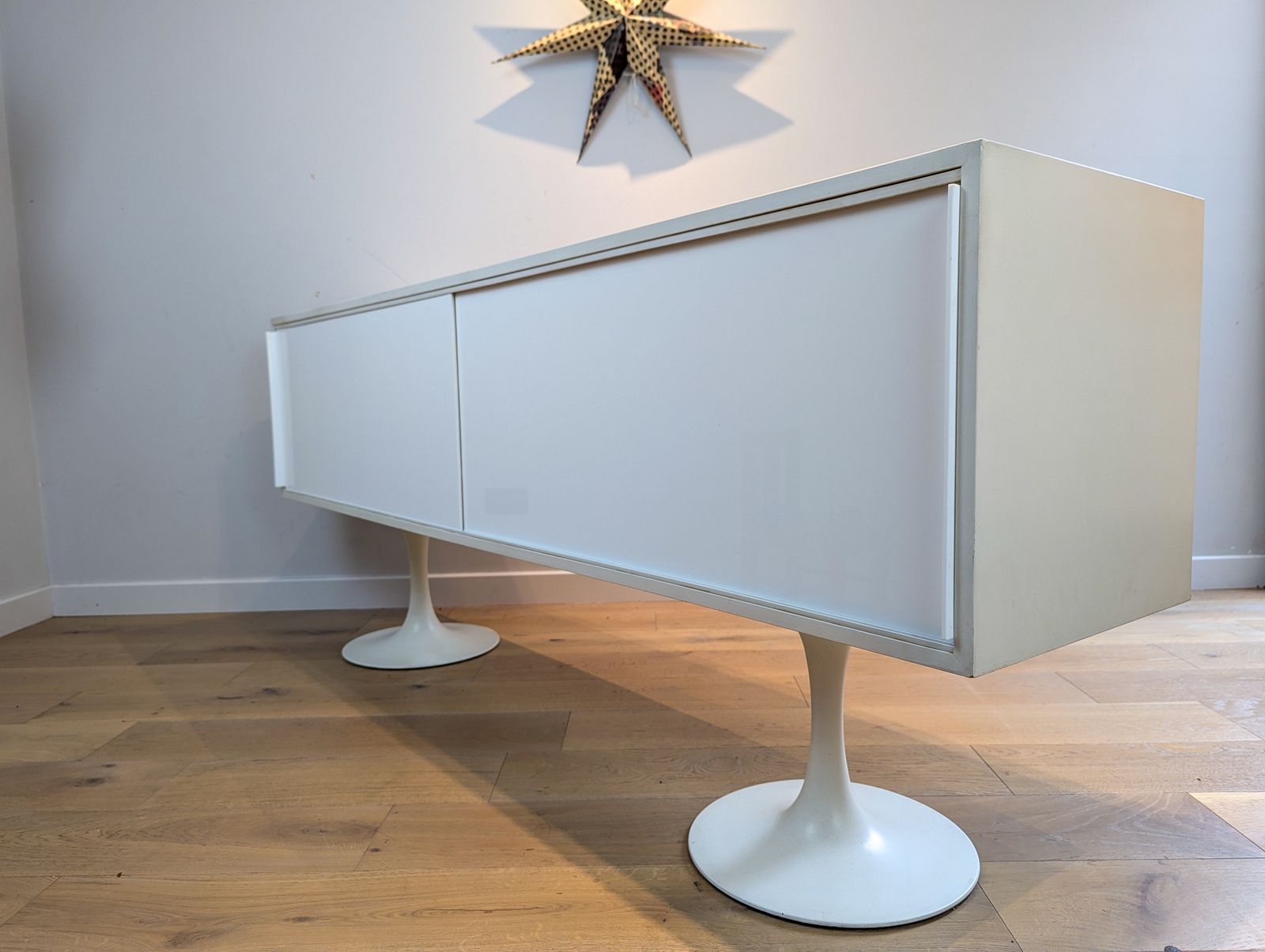 A Mid Centutry Space Age Sideboard With White Sliding Doors   Arkana Era photo furniture
