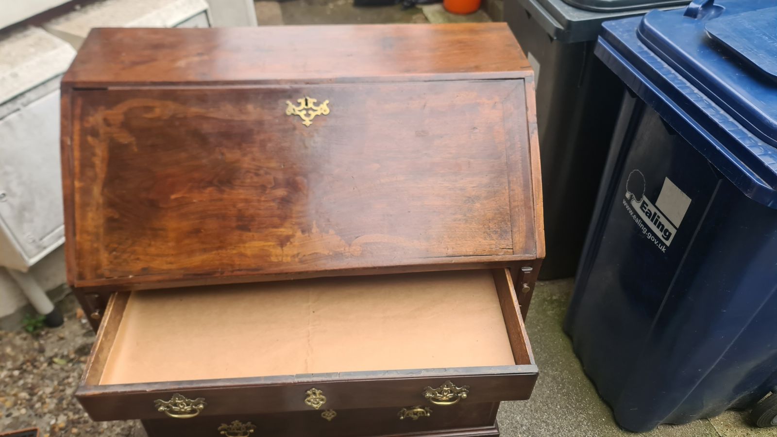 photo for sale George III Antique Oak Bureau With Original Handles & Escutcheons 1700