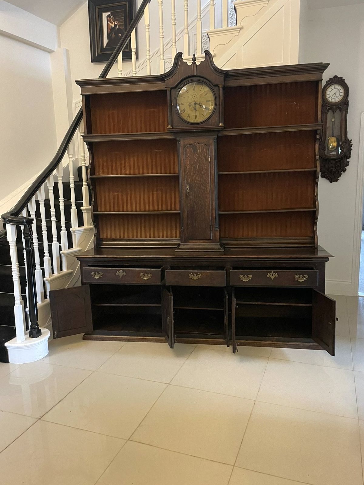 Rare 18th Century Large Antique Quality Oak Dresser With Rack And Longcase Clock photo Furniture