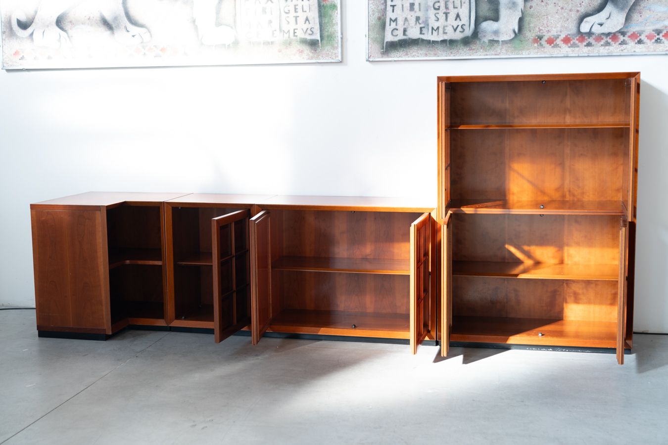 1970s Modular Corner Cabinet In Cherrywood With Glass And Carved Doors – "Fox Hunt" Design photo vintage