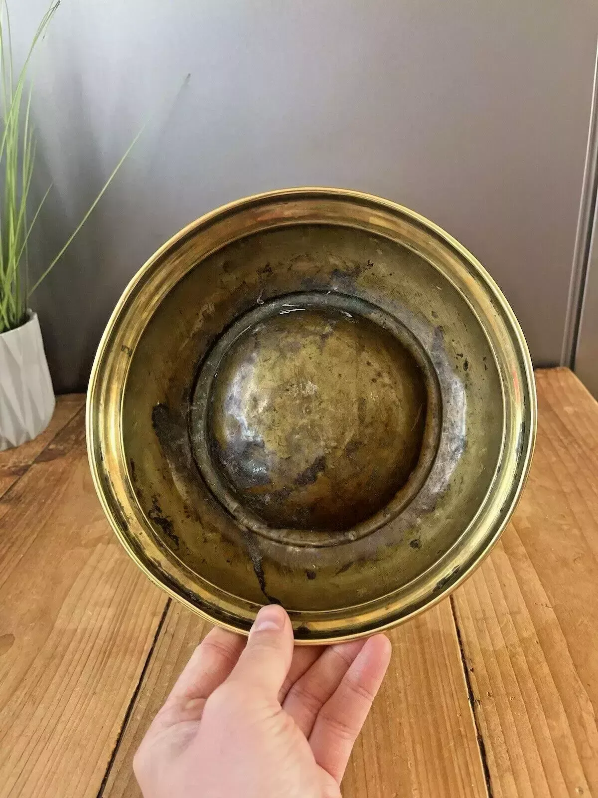 Antique 19th C Arts & Crafts Beaten Brass Dog Bowl Cat Pet Dish Food Water photo vinterior