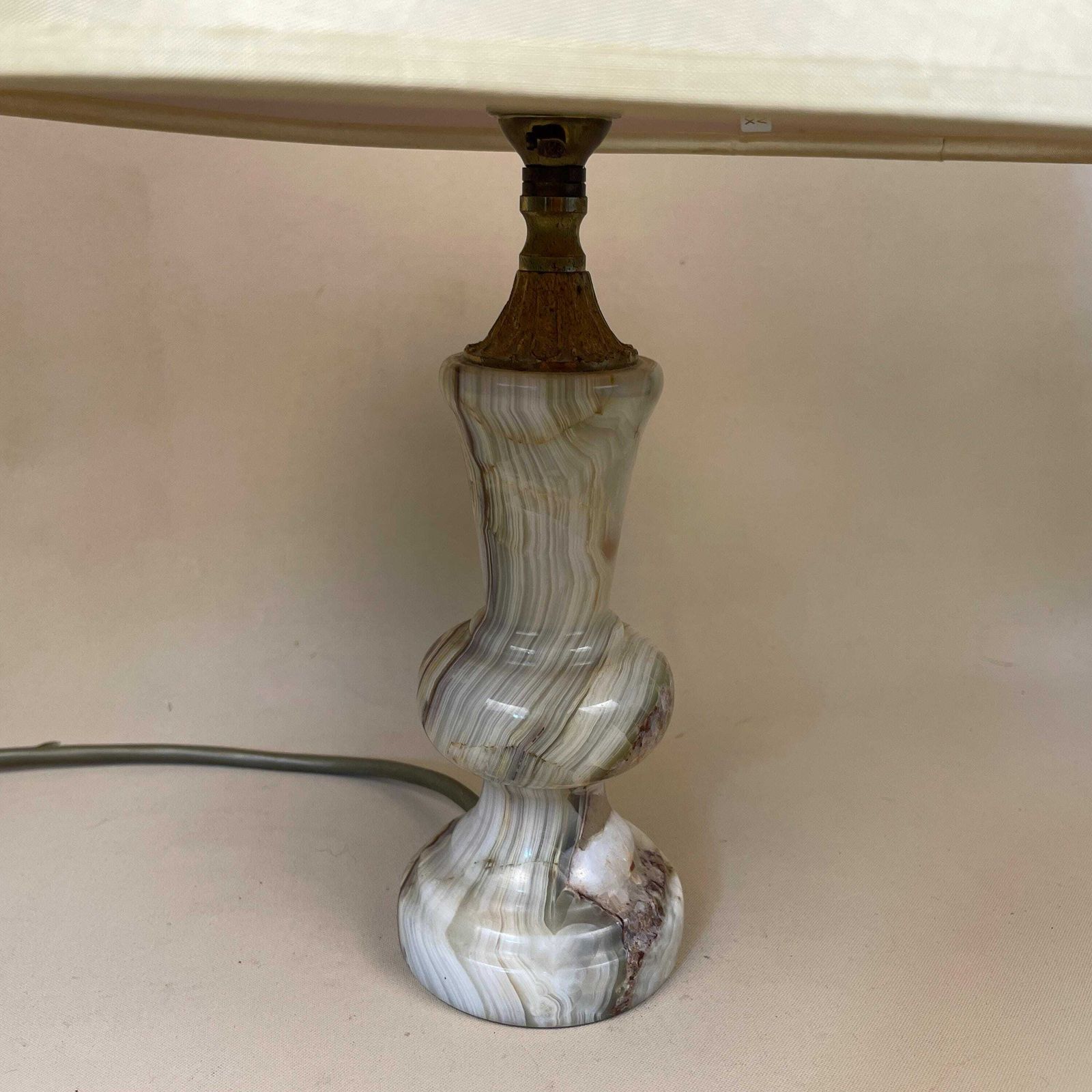 Marble Lamp Light Bedside Side Table Desk Round Base Marbled Patterned Detail Vintage Pattern White Stone Pillar Lampshade Antique photo furniture