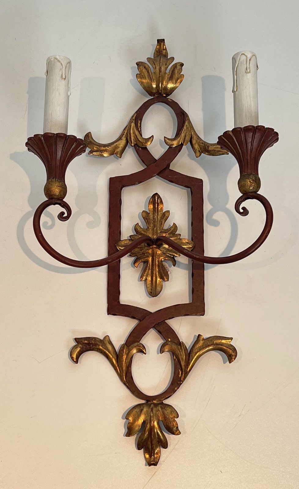 Pair Of Wrought Iron And Patinated Wood Wall Lights With Golden Acanthus Leaves photo for sale