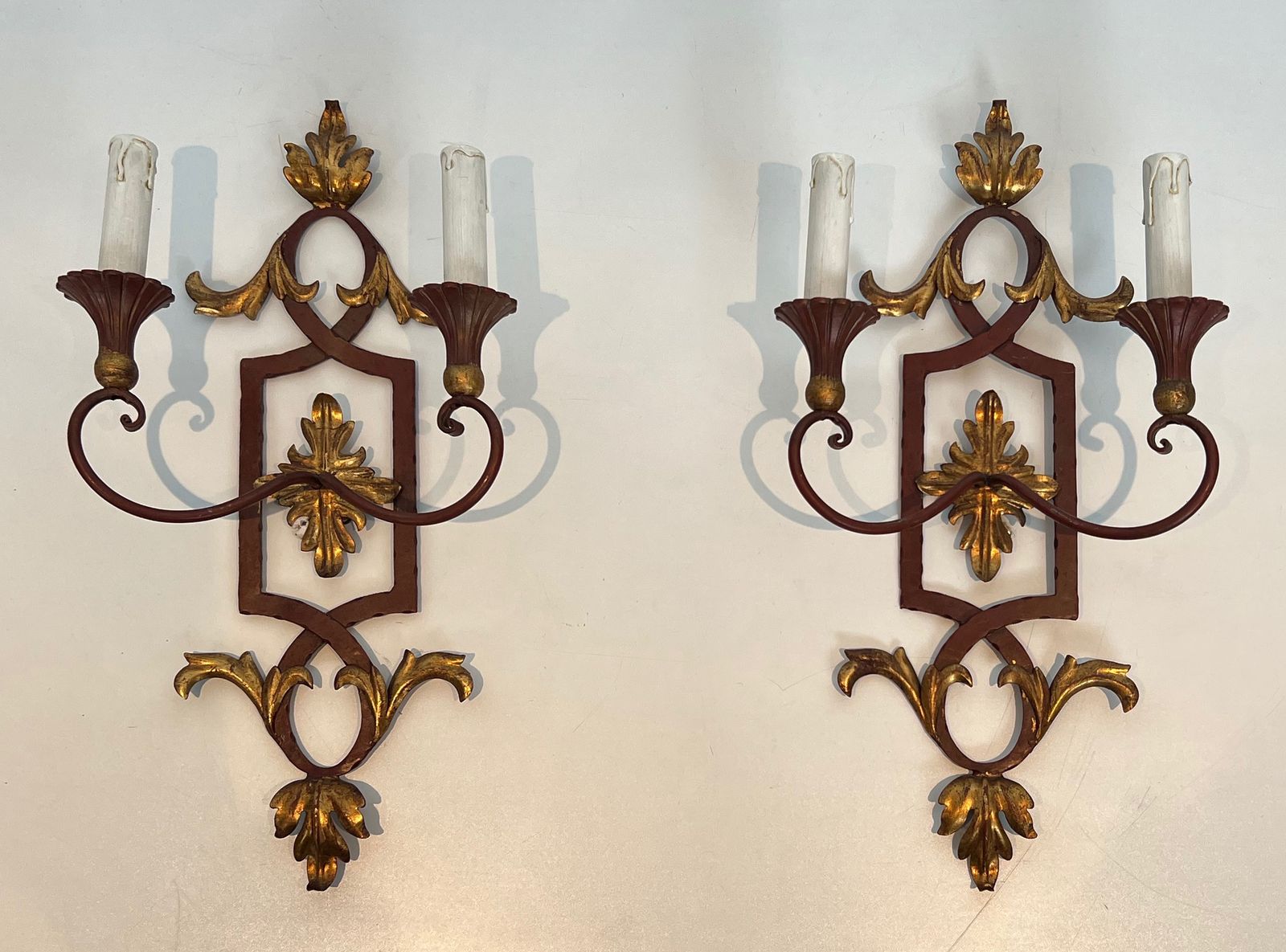 1450.0 Pair Of Wrought Iron And Patinated Wood Wall Lights With Golden Acanthus Leaves photo