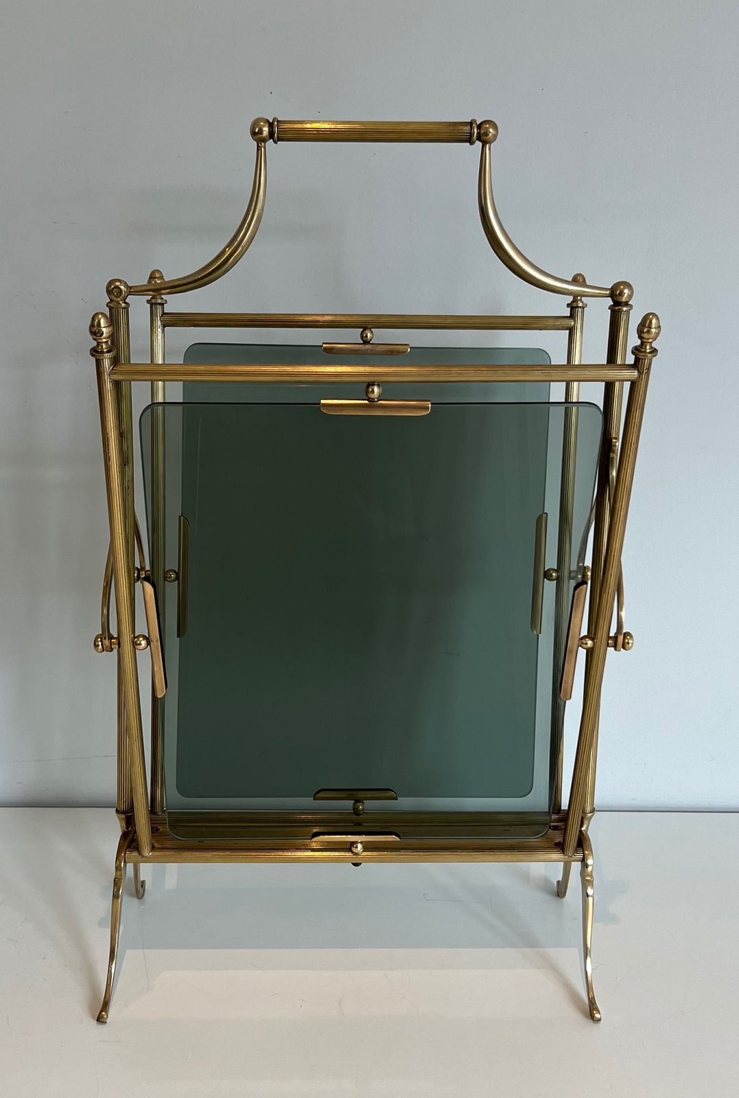 980.0 Brass And Blue Glass Magazine Rack From Maison Jansen photo