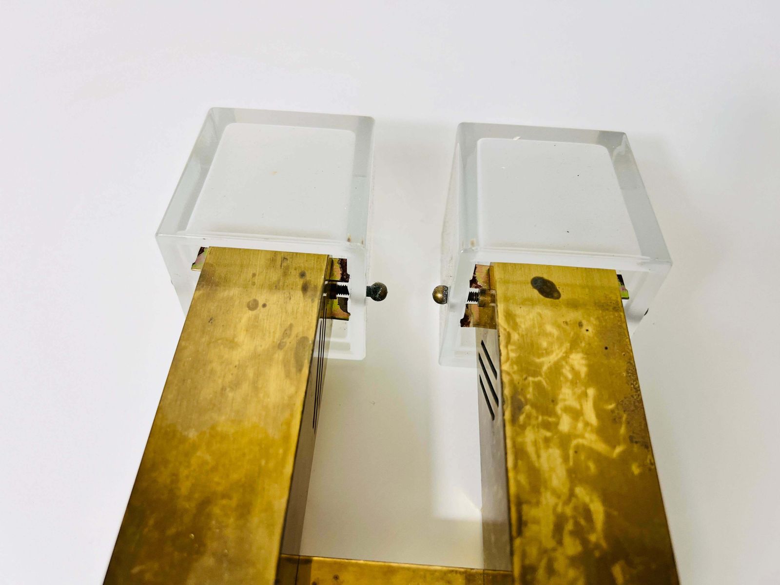 photo furniture Pair Of Mid Century Brass And Ice Glass Wall Lamps, Italy, 1960s