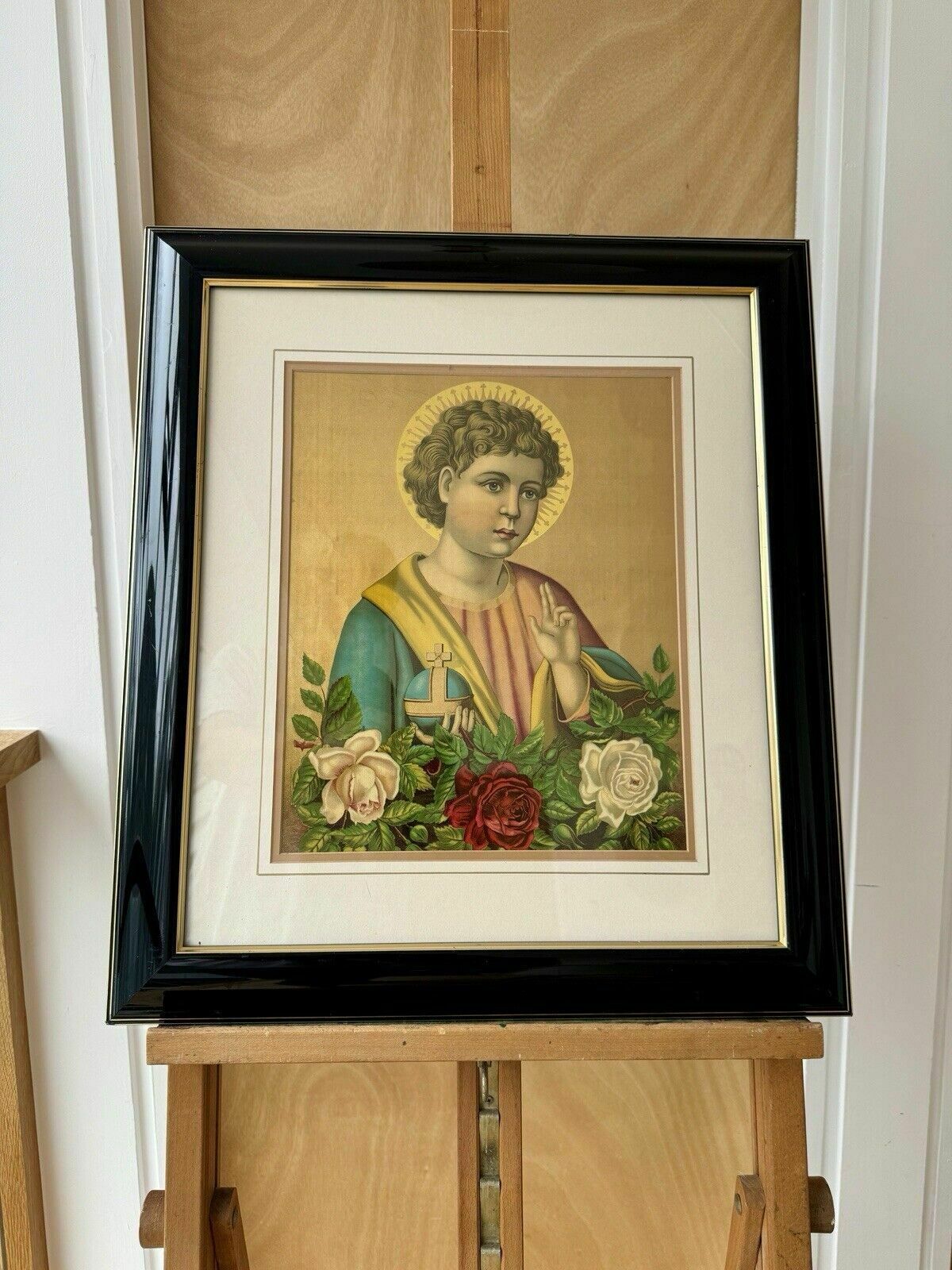 Antique German Chromolithograph The Savior Of The World 1860 Framed photo furniture