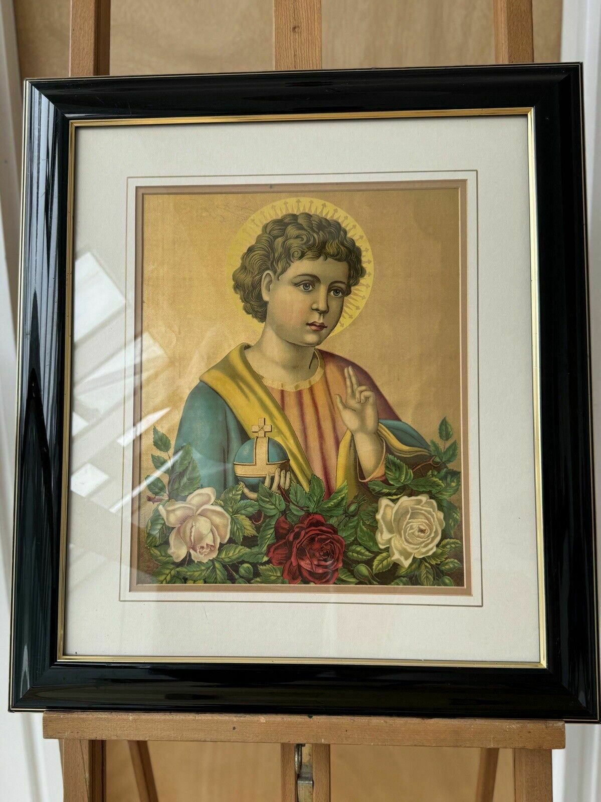 Antique German Chromolithograph The Savior Of The World 1860 Framed photo for sale