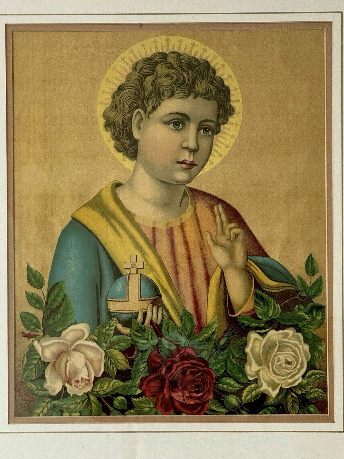 Antique German Chromolithograph The Savior Of The World 1860 Framed photo vinterior