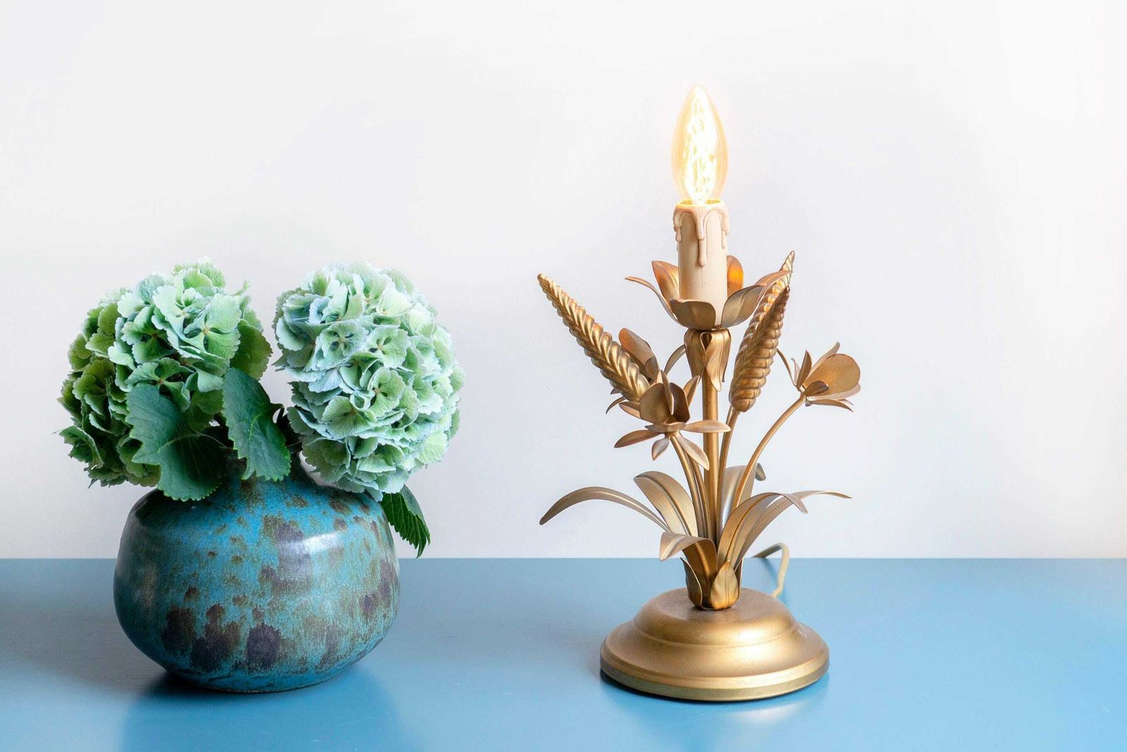 Italian Gilt Metal Table Lamp, Floral Golden Desk Lamp, Hollywood Regency, Ls Italy, 1970s Design, Wheat Bundle Lamp photo buy