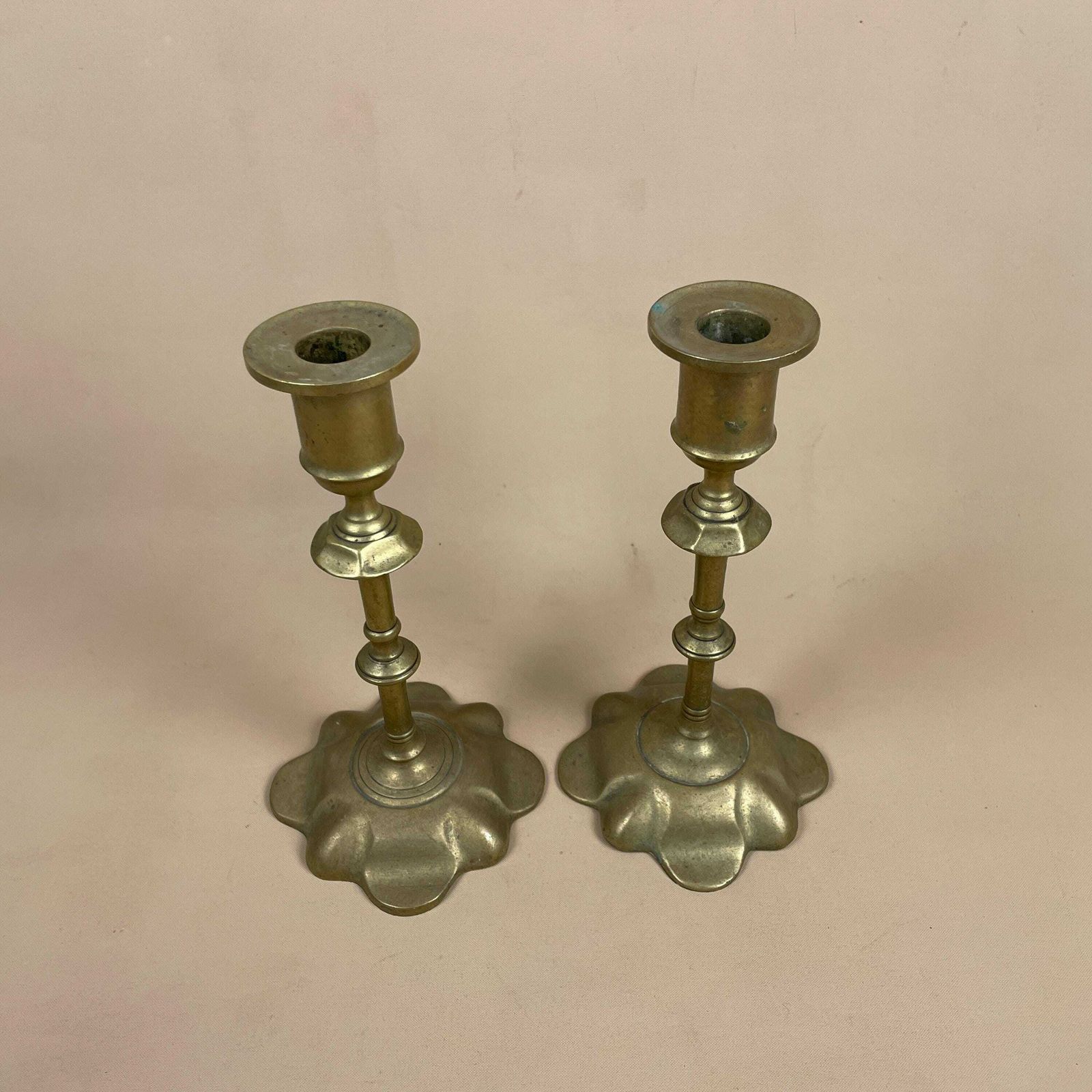 Antique Matching Pair Of Gold Brass Metal Candlestick Candle Stick Vintage Column Taper Dinner Candlesticks Scallop Base Column Pillar photo for sale
