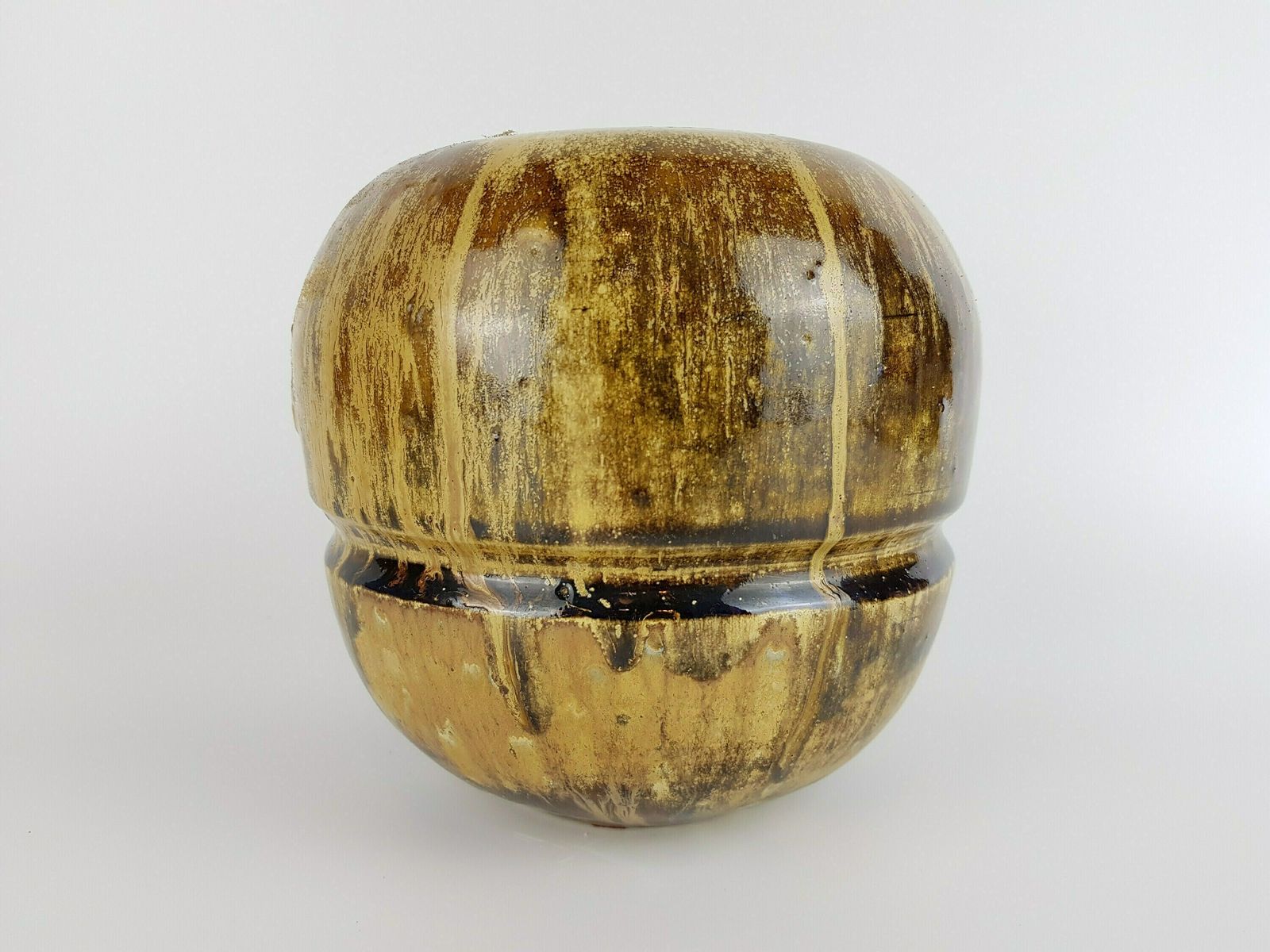 Vintage Studio Art Pottery Signed Caramel Brown Ball Vase From 1982s