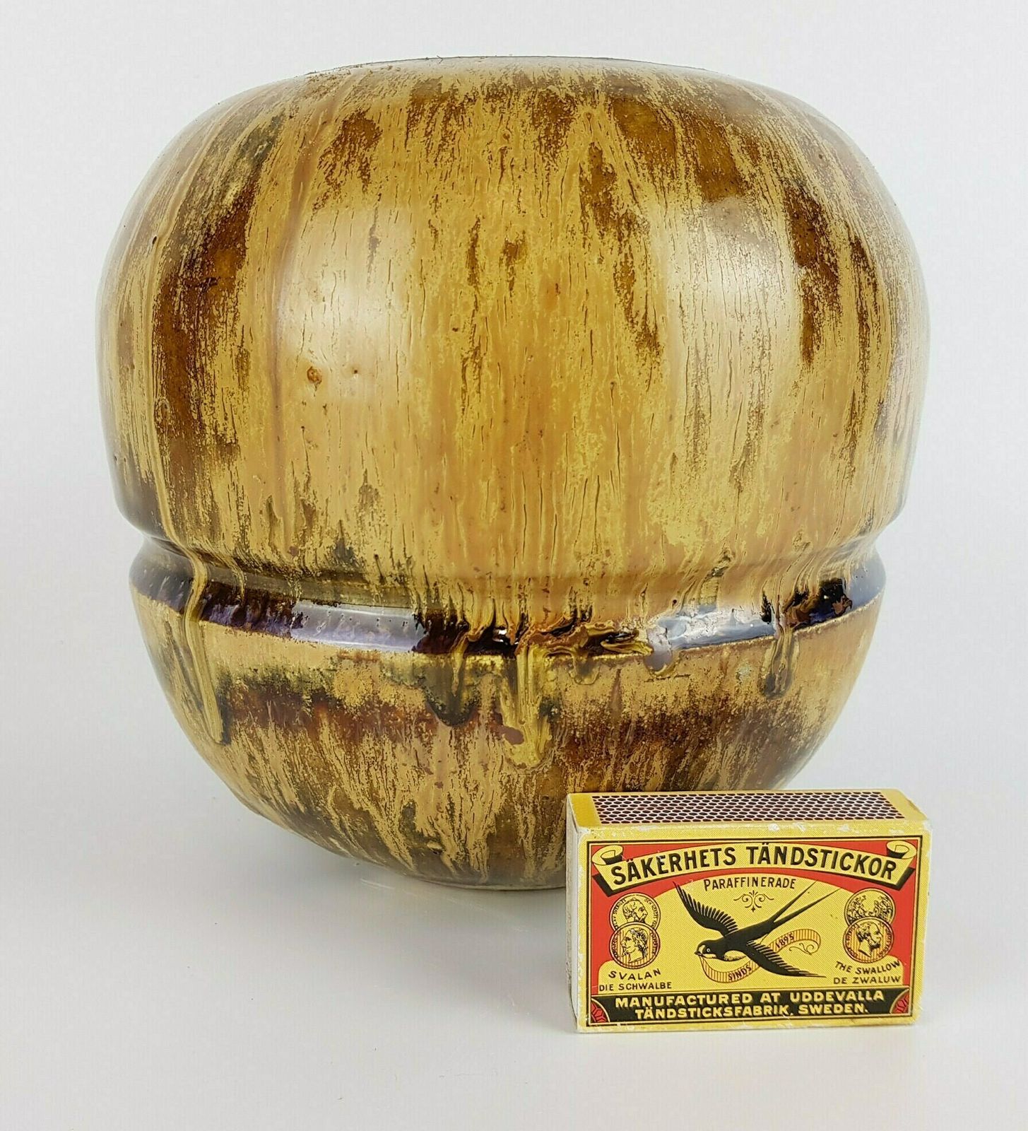 Vintage Studio Art Pottery Signed Caramel Brown Ball Vase From 1982s photo furniture