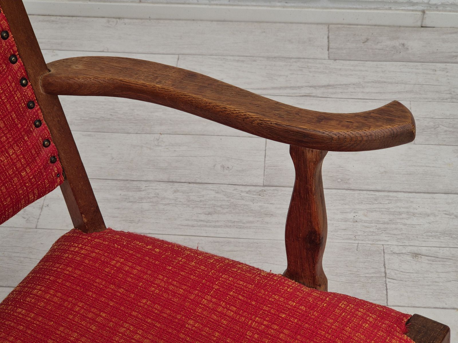 1960s, Danish Rocking Chair, Original Good Condition, Solid Oak Wood, Furniture Wool Fabric. photo vinterior