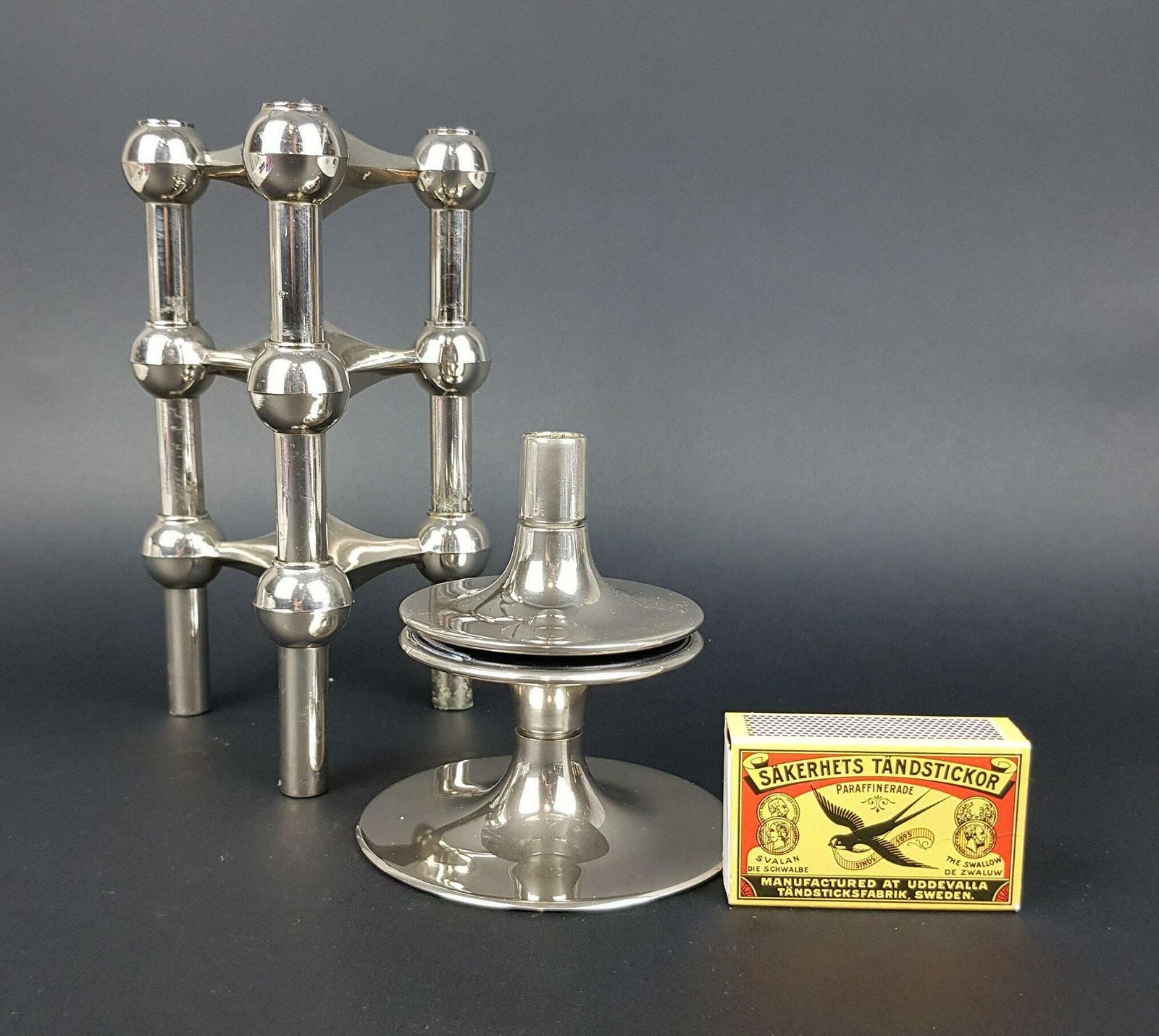 Set Of 3 Stackable Candle Holders Variante 22 + Pedestal Designed By Caesar Stoffi For Fritz Nagel Bayerische Metall Fabrik Bmf 1950 60s, photo furniture