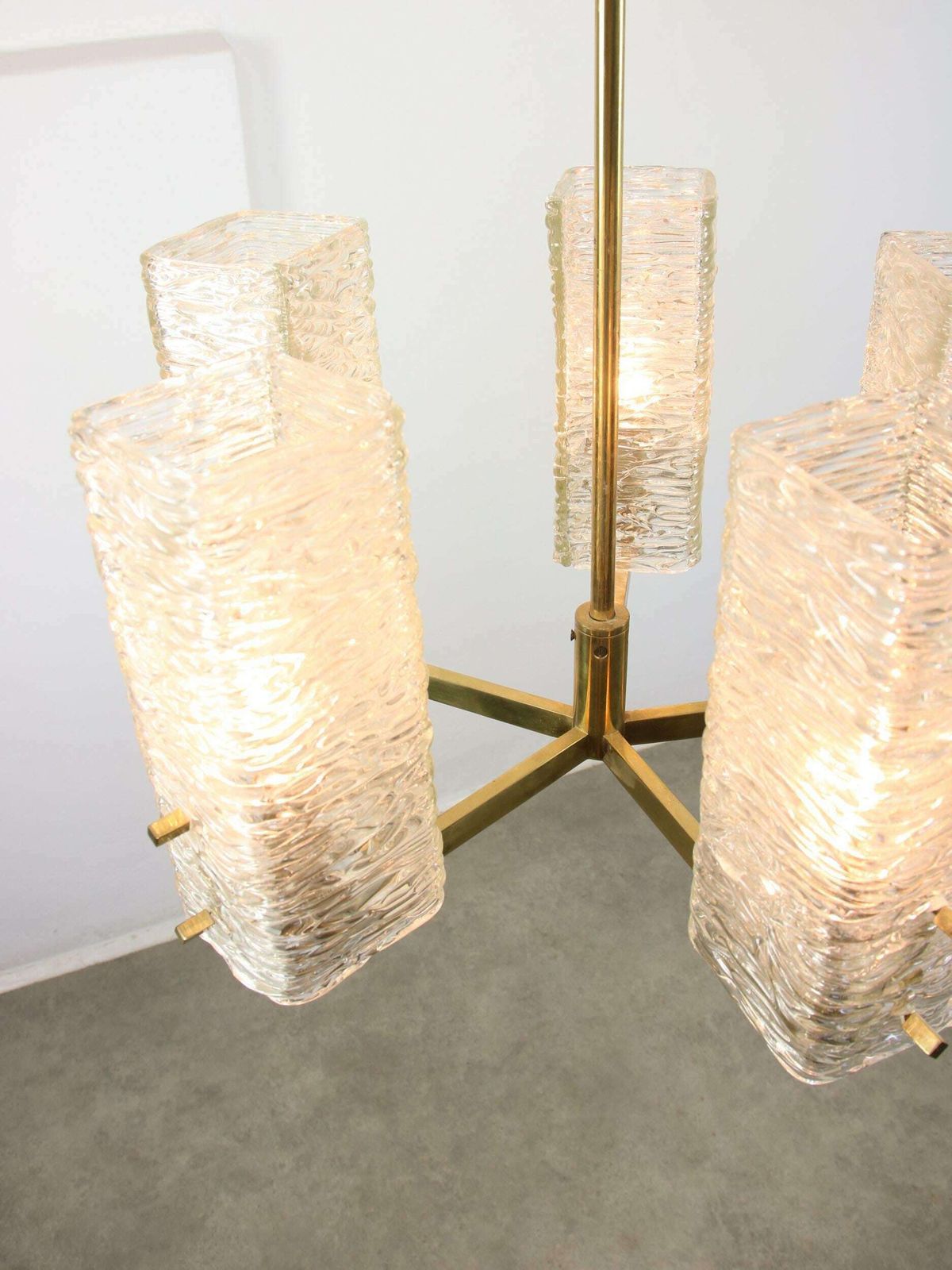 photo furniture Vintage Chandelier By J.T. Kalmar / Vienna 1960s / Frosted Glass Blocks And Brass Base / Mid Century Pendant Light / Rare Home Lighting