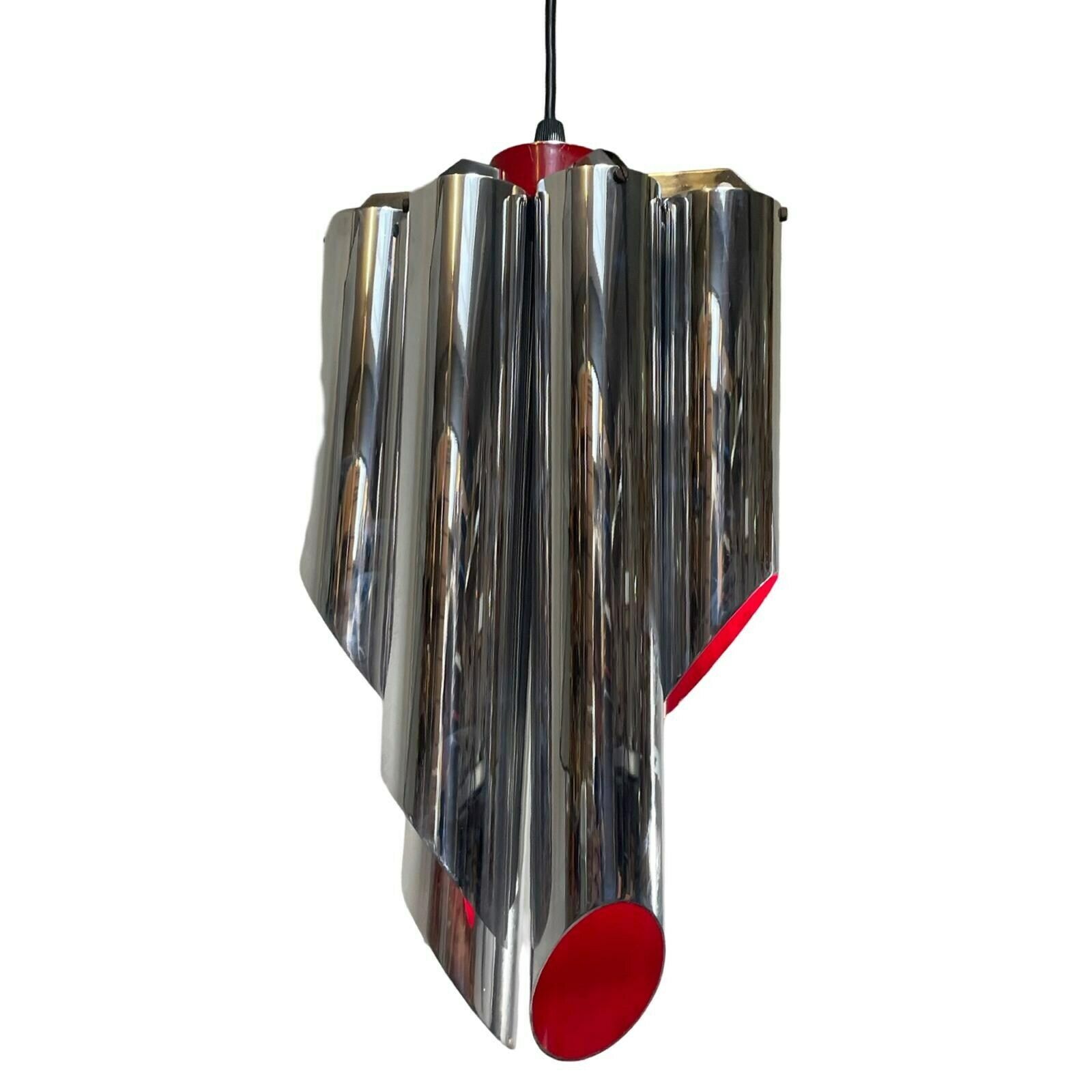 Space Age Design / Pop Art   Chromed And Red Inside   Hanging Pendant   Polished Tubes photo for sale