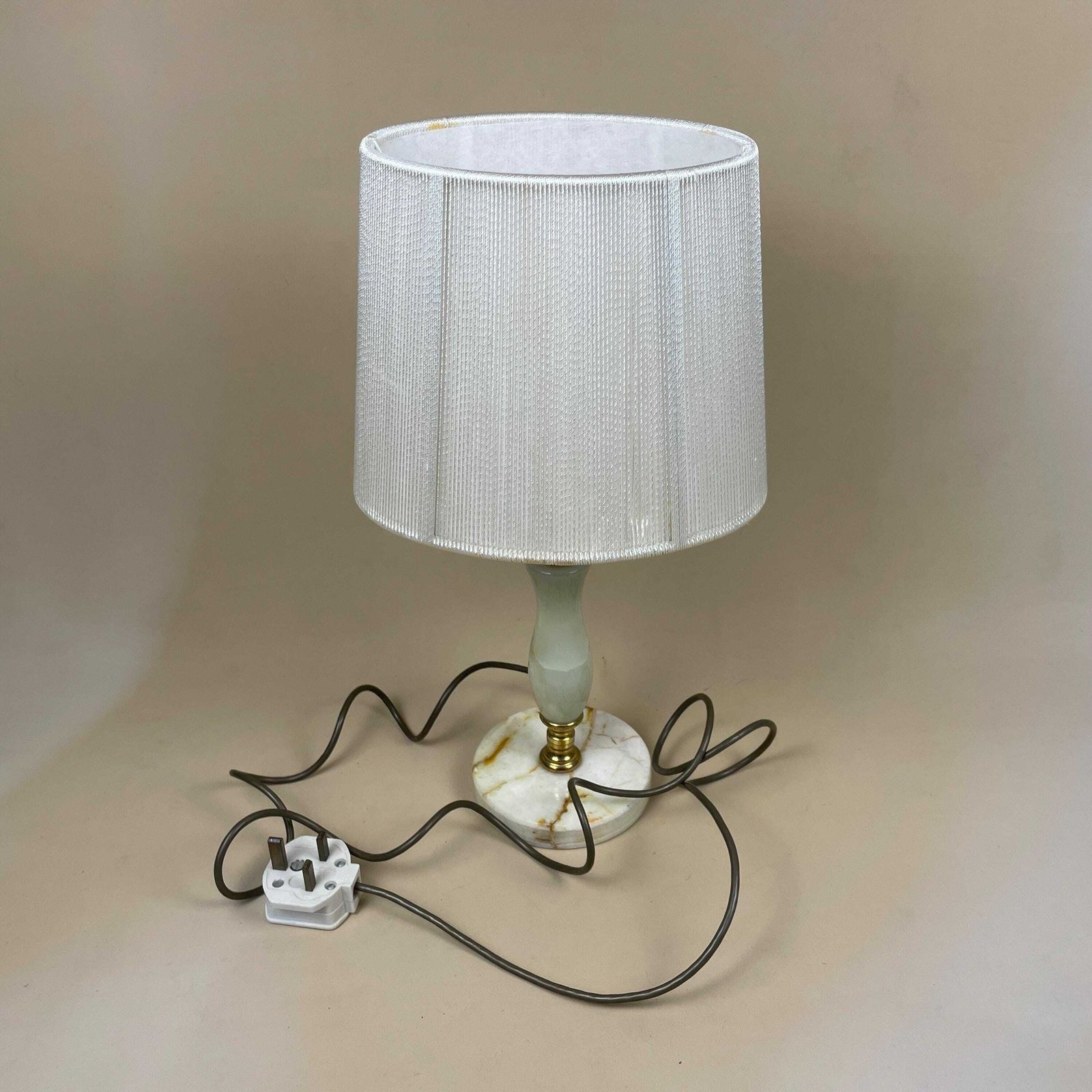photo for sale Antique Onyx Marble Lamp Light Brass Gold Metal Bedside Side Table Desk Marbled Patterned Vintage Pattern Feet Ornate String Lampshade