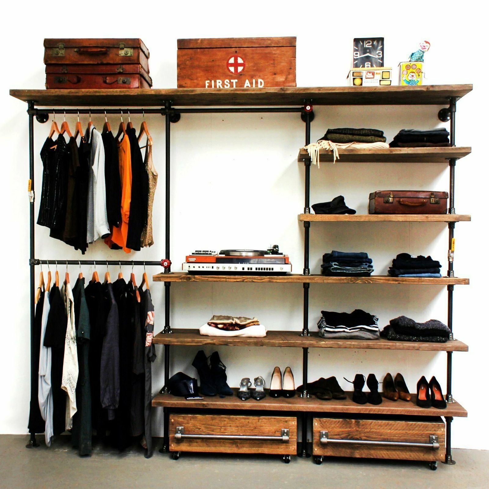 Max Industrial Reclaimed Scaffold Board And Dark Steel Pipe Clothes Hanging And Dressing Room Shelving Unit With Storage Drawers photo for sale