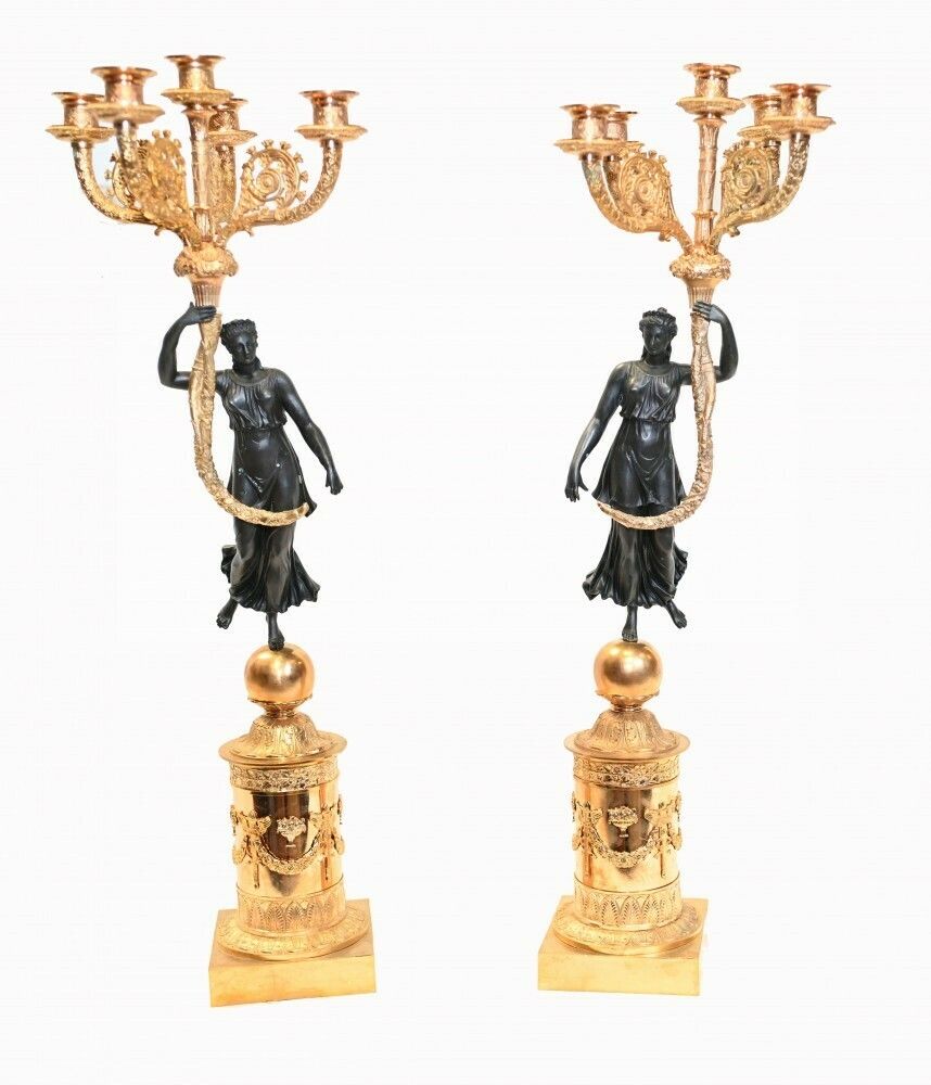 Pair French Bronze Candelabras Maiden Regency Classical Gilt photo vinterior