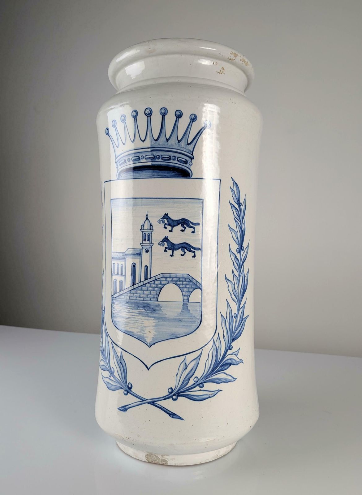 Antique Talavera Ceramic Umbrella Stand With Bilbao Coat Of Arms photo buy