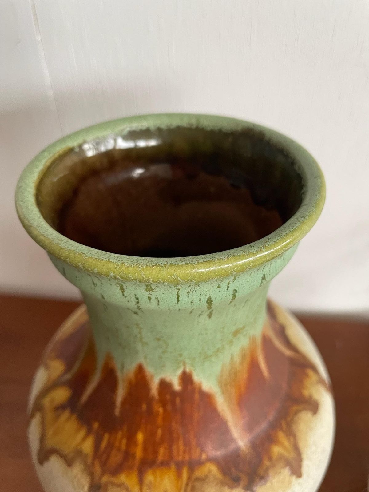 Ueberlacker U Keramik 528 18 Creamy White West German Vase With Brown And Blue Drip Glaze photo buy