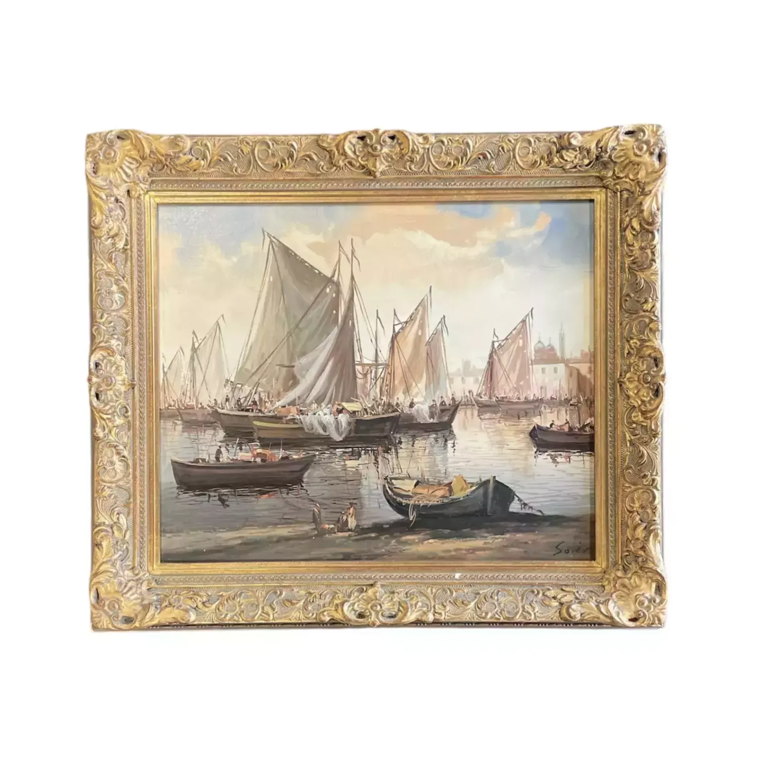 Sailing Boats In Harbor, Oil On Canvas, Mid 20th Century photo for sale
